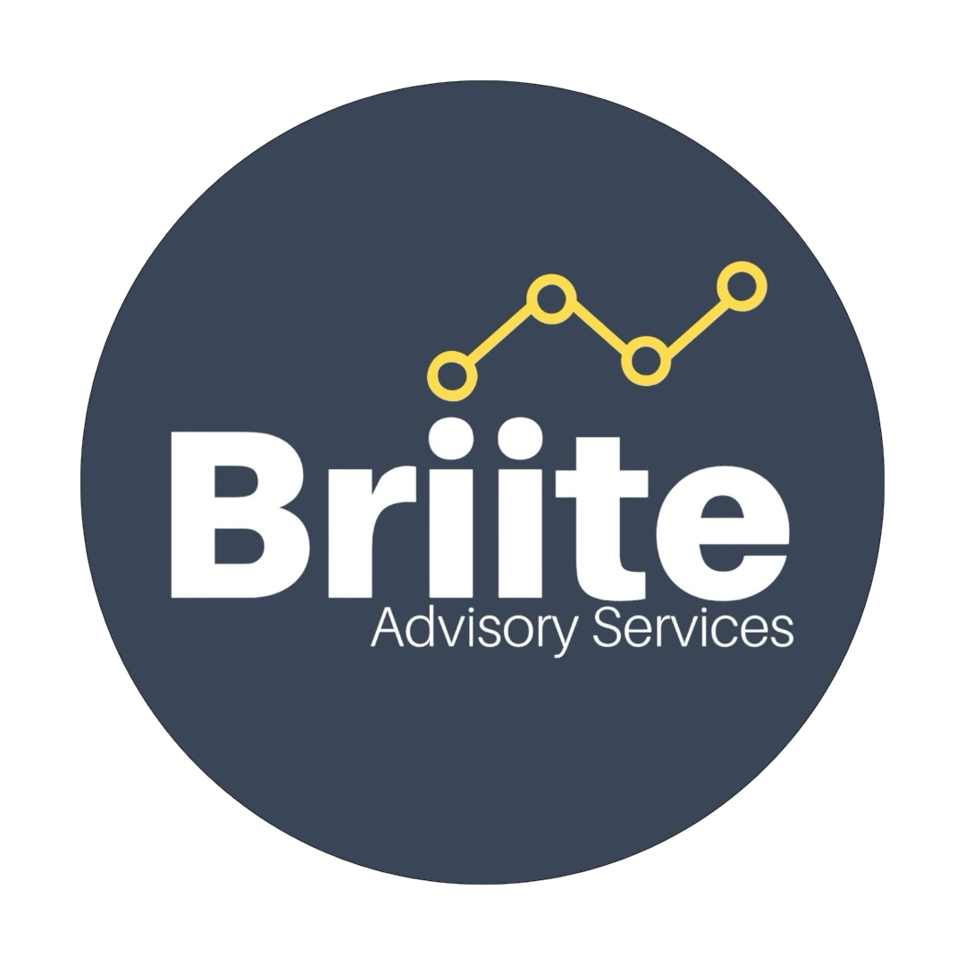 Logo for Brite Advisory Services featuring a dark blue circle, a yellow line graph, and white text.