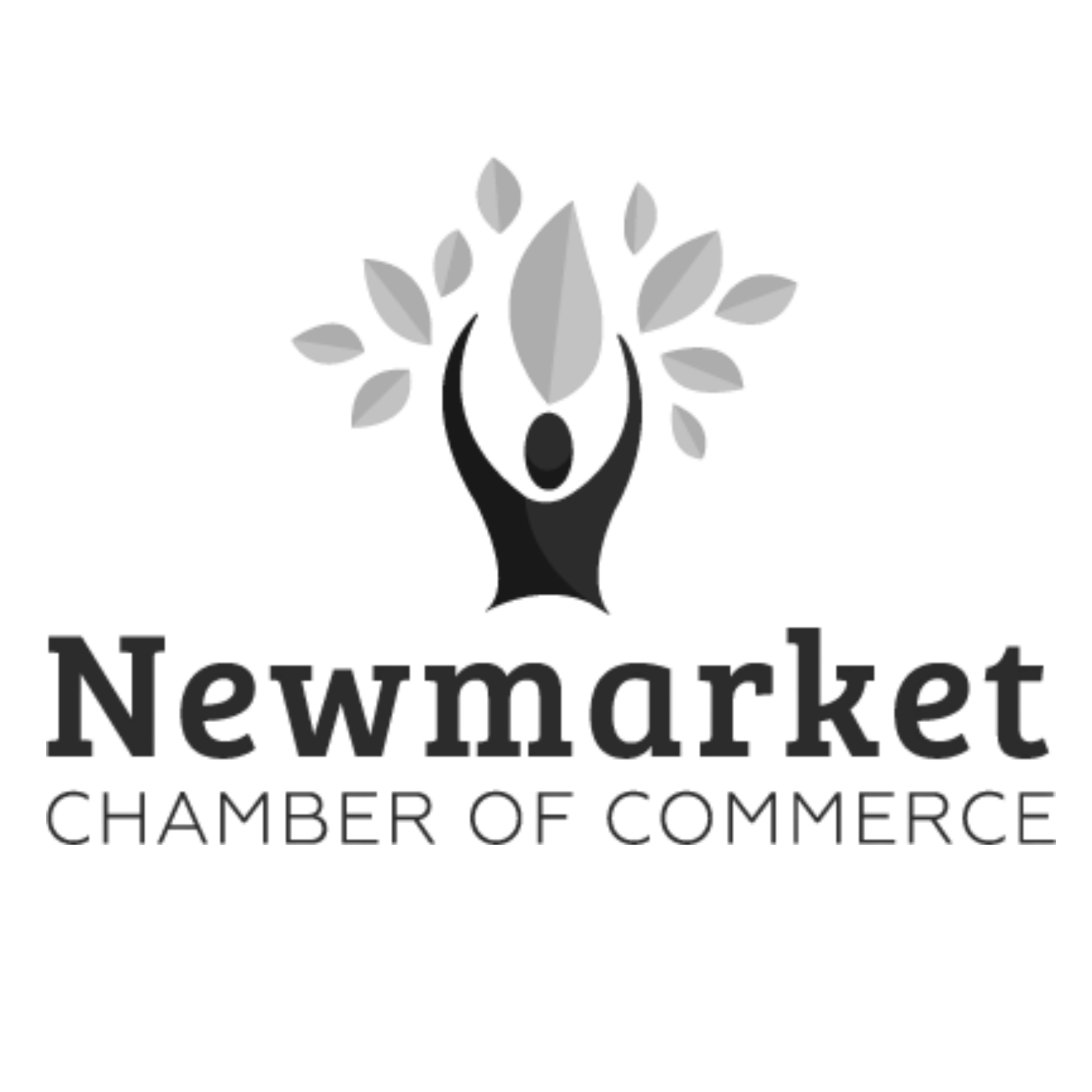 A logo for the Newmarket Chamber of Commerce featuring a stylized human figure with arms raised above a tree with leaves.