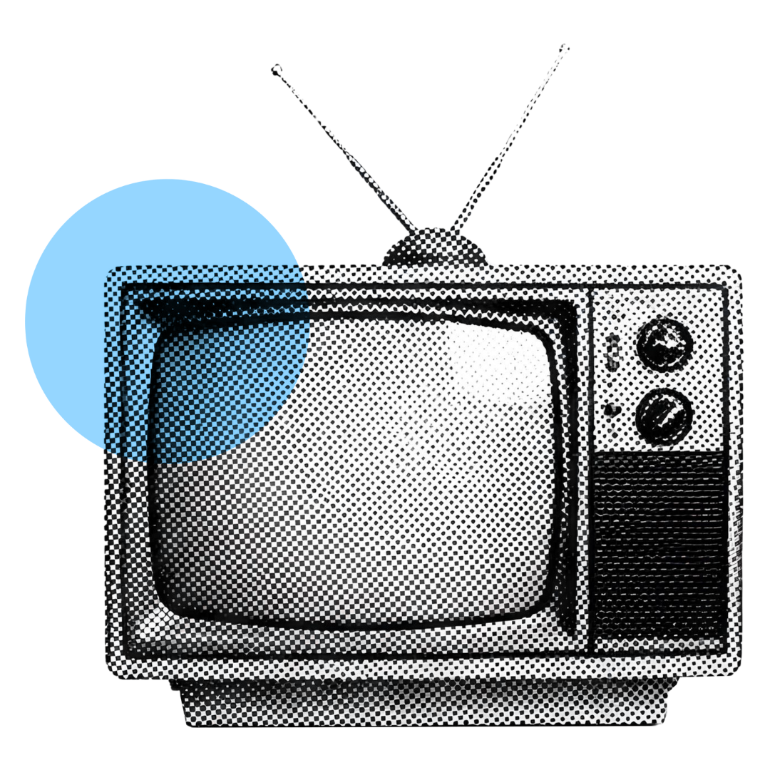 Black and white dotted style illustration of a vintage television set with antennas, with a blue circle overlay on the left side.