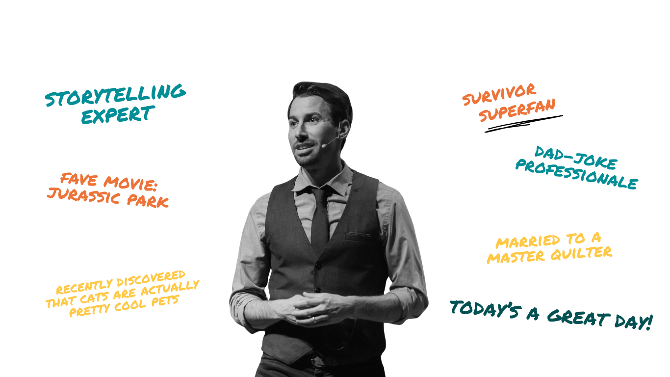 Black and white photo of a man in a vest and tie, with handwritten notes and drawings around him, including phrases like "Alex Street," "Storytelling Expert," and "Today's a Great Day!"