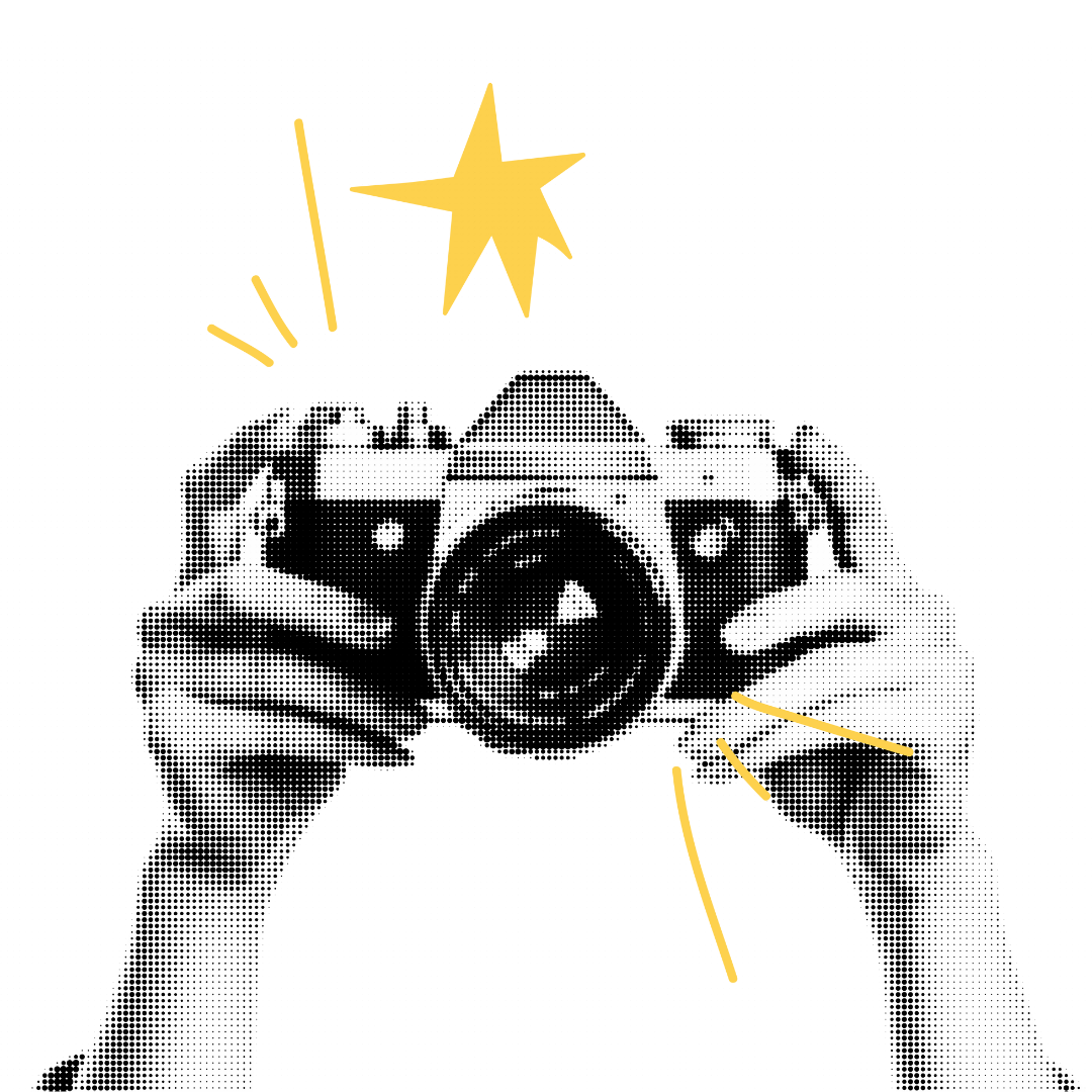 Black and white halftone drawing of a person holding a vintage camera, with a yellow shooting star graphic above the camera.
