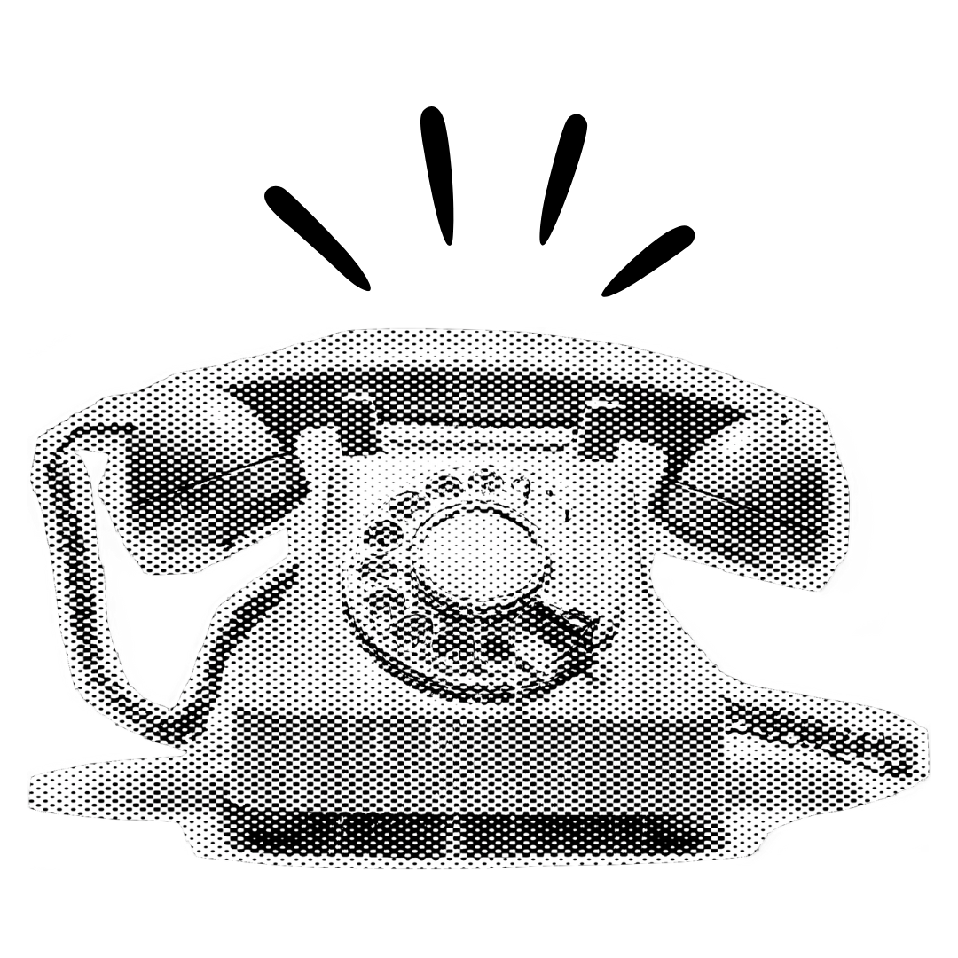 Black and white halftone illustration of a vintage rotary dial telephone.