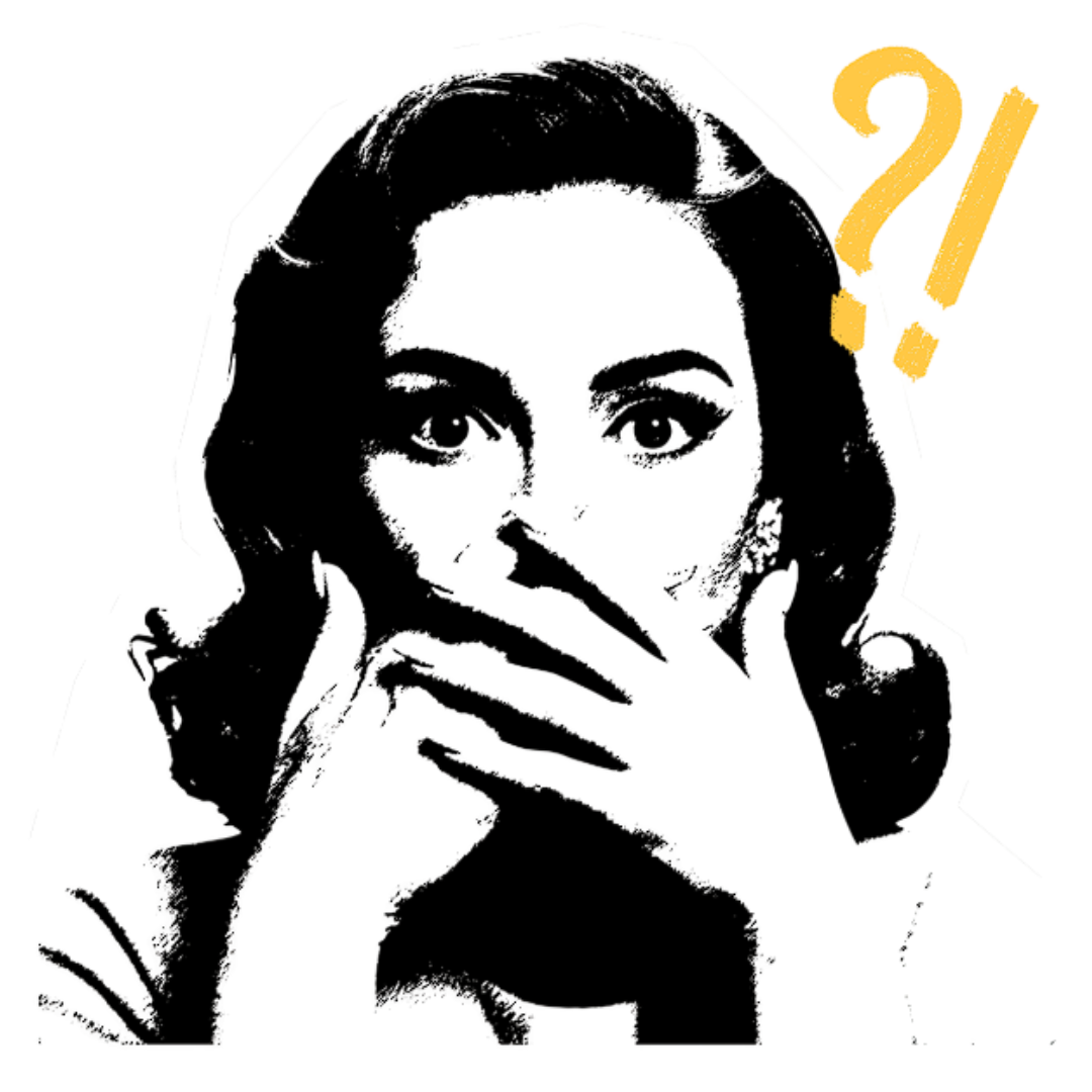 Silhouette of a woman with hand in front of her mouth with a shocked expression,  with a question mark and exclamation in yellow above her head.
