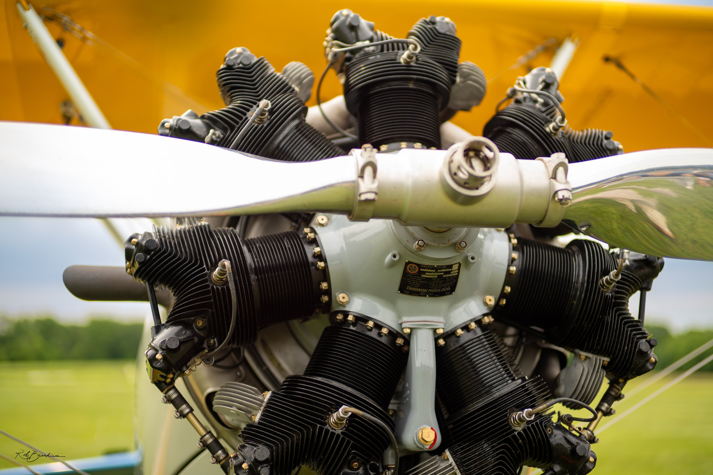 Close-up of an aircraft engine with black cylinders and a propeller, set against a grassy field and cloudy sky.
