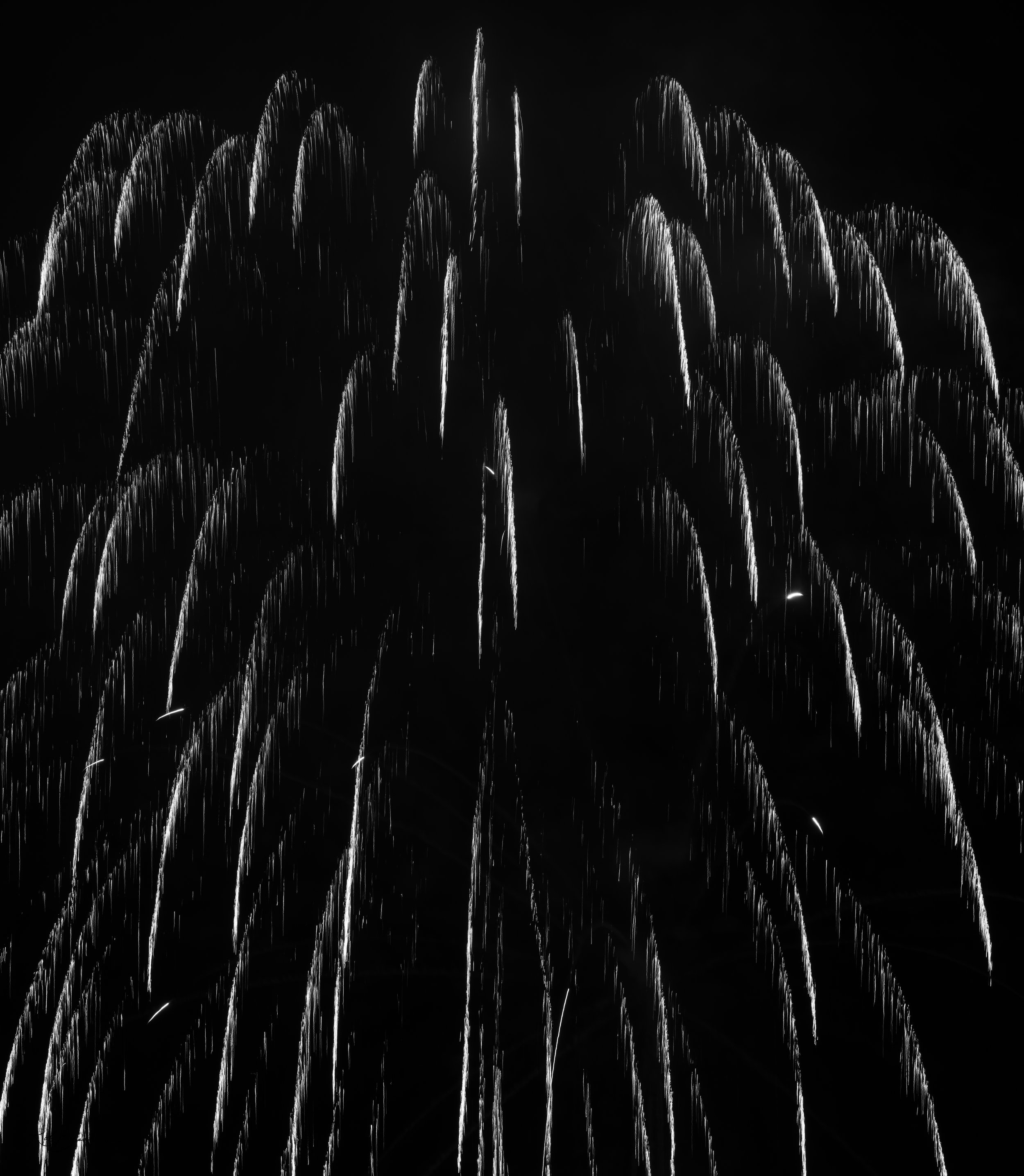 Black and white photo of fireworks exploding in the night sky.