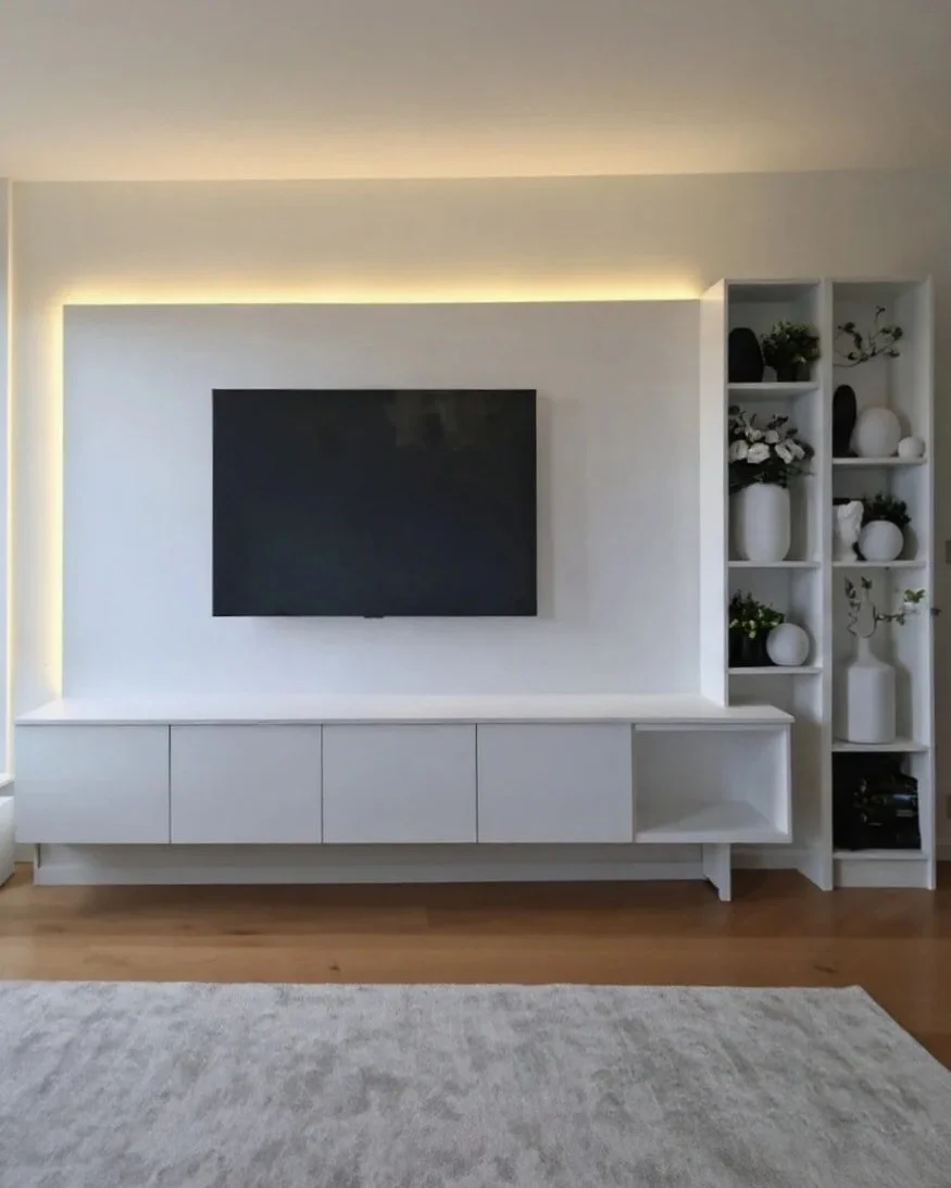 Minimalistlik ja elegantne TV-sein, kus valgus ja puhas valge pind loovad õhulise ja hubase atmosfääri. Integreeritud riiulid annavad ruumile harmooniat ja võimaldavad eksponeerida dekoratsioone maitsekalt.
Минималистичная и