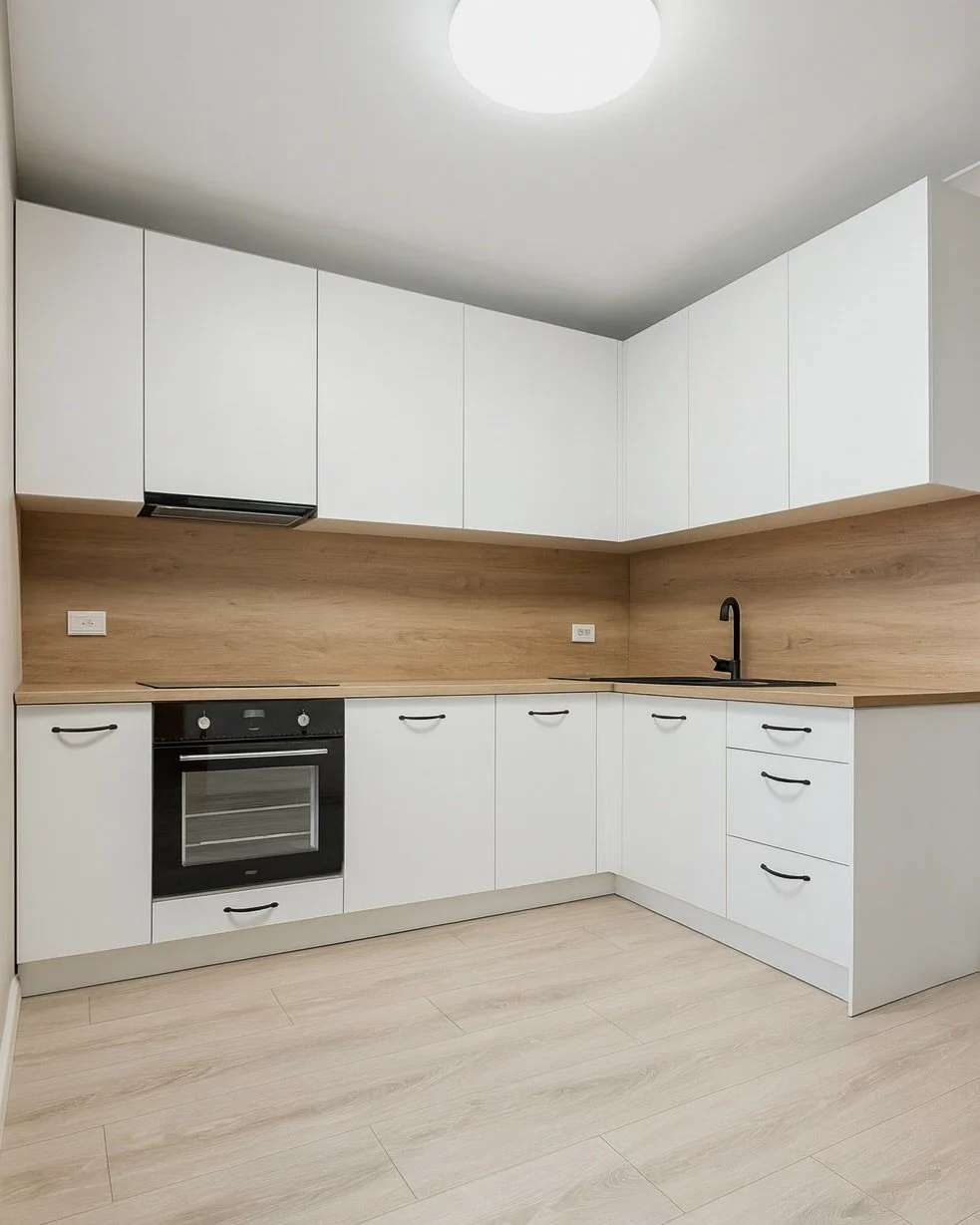 ✨ Stiilne ja kaasaegne köök heledates toonides 🤍. Valged kapid loovad avara ja puhta mulje, samas kui soe puidumuster tööpinnal ja seinal lisab hubasust 🌿. Must kraanikauss ja pliit annavad elegantse kontrasti ⚫. Täiuslik l