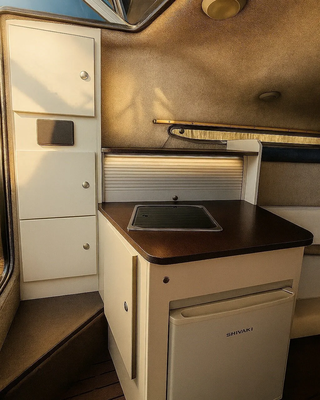 Элегантная мебель для небольшой яхты 🚤✨
Изготовлена из влагостойкой фанеры, устойчива к морской среде. Нержавеющая раковина, двери на защёлках для безопасного хранения во время плавания, встроенная подсветка создаёт уют и комфорт в каюте. Идеальное