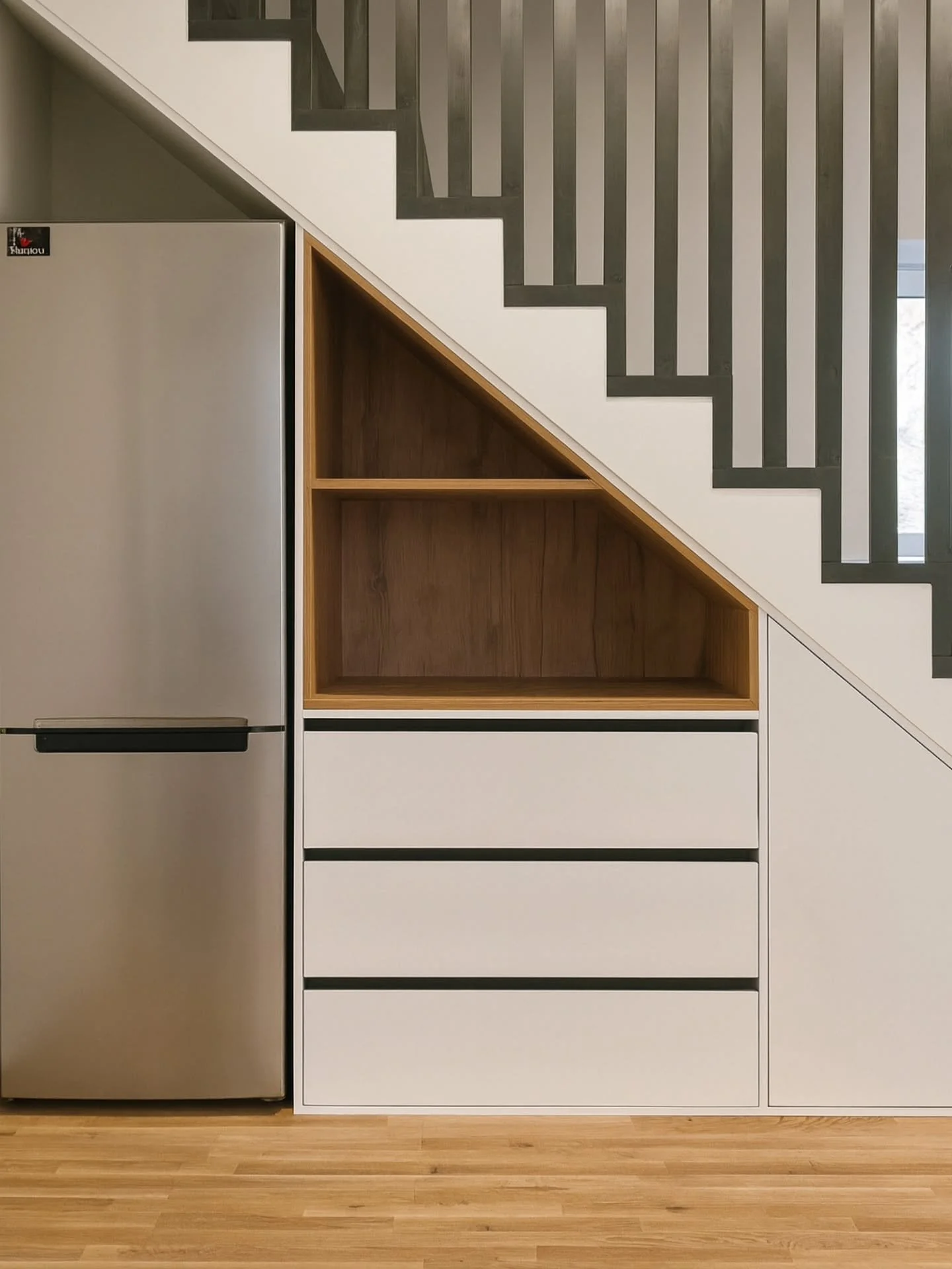 Funktsionaalne kapp trepi all
✨ Tõhus lahendus ruumi maksimaalseks ärakasutamiseks!
See sisseehitatud kapp sobib ideaalselt trepi alla ja on loodud minimalistlikus stiilis. Mattvalge esipaneel koos sooja tammepuidumustriga loob hubase ja