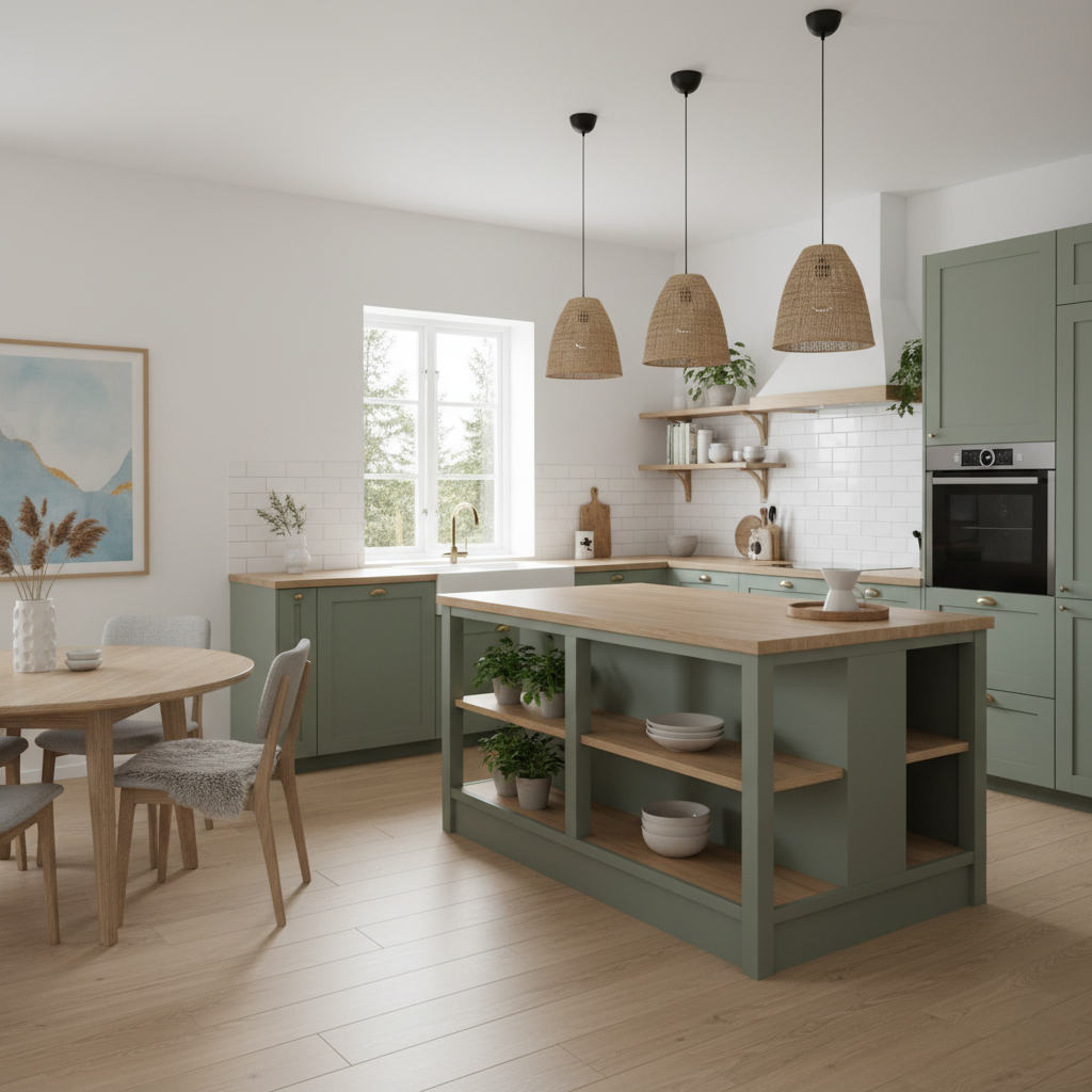 A modern kitchen with green cabinets, a wooden kitchen island, and open shelving. There are three woven pendant lights hanging from the ceiling, and a window with greenery outside. A small dining table with four chairs is nearby, decorated with a vase of dry plants.