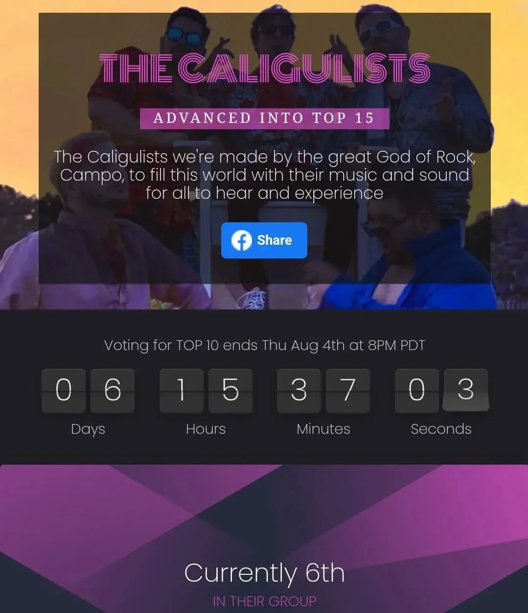 We moved into the Top 15 and are now working towards the Top 10. We've been holding on to 6th place and it's all thanks to you! Let's take the top spot and show LA what's good! Link here - https://theopenact.com/2022/the-caligulists and in our bio