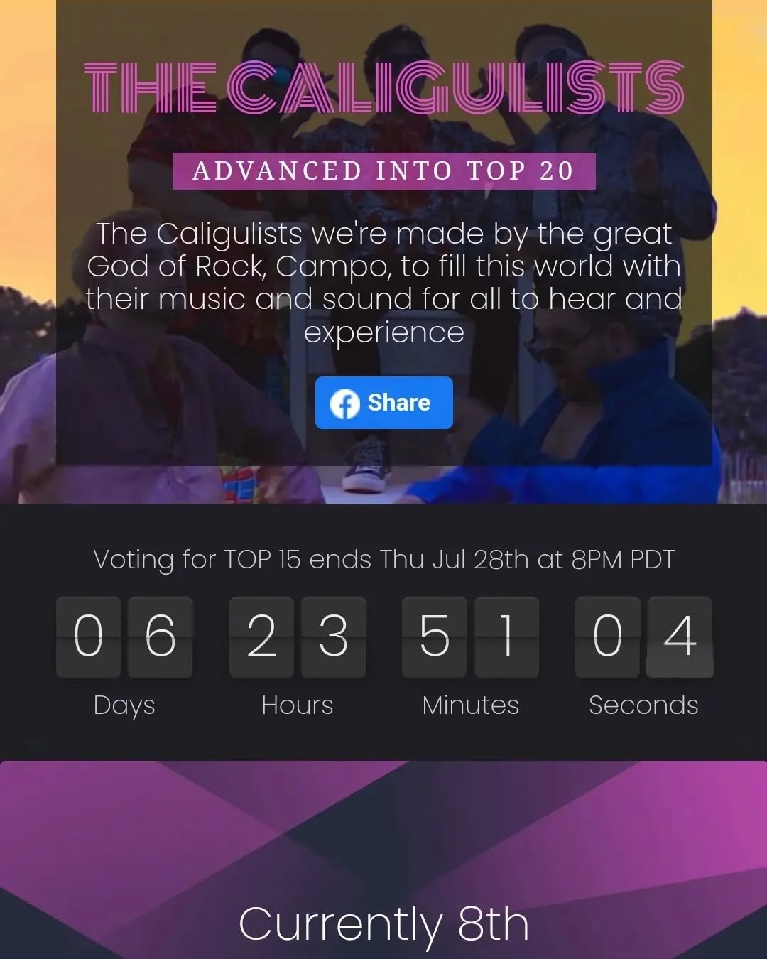 We've made it into the Top 20 and are now trying to work our way to the top. Thank you to everyone who has voted and/or donated so far. We appreciate you all! Link here - https://theopenact.com/2022/the-caligulists and in our bio