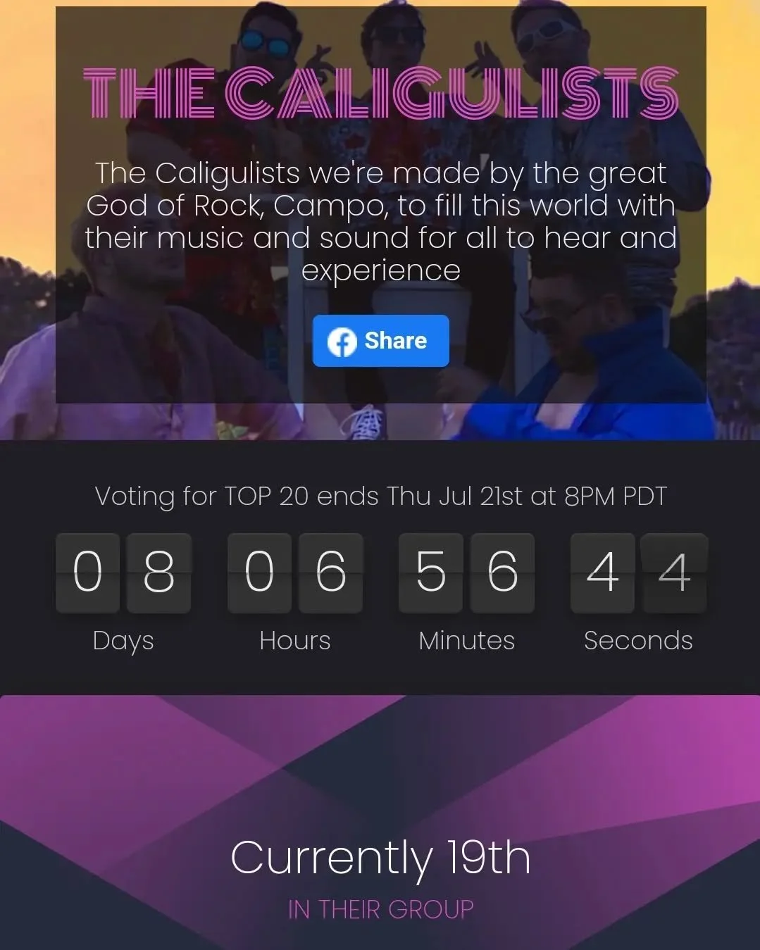 We've breached the Top 20! There are still 8 more days left to go. Please help by voting daily. Link in Bio and https://theopenact.com/2022/the-caligulists
