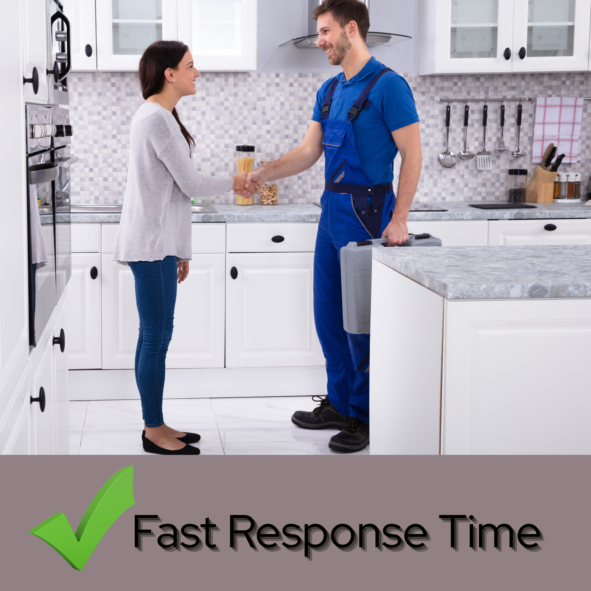 A woman and a man shaking hands in a modern kitchen, with the woman dressed casually and the man wearing a blue uniform with a tool bag, indicating a service or repair visit.