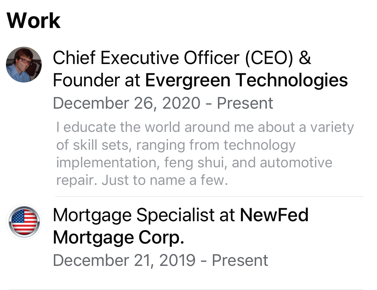 A LinkedIn profile section showing work experience, including a CEO and founder role at Evergreen Technologies since December 26, 2020, and a mortgage specialist role at NewFed Mortgage Corp. since December 21, 2019.