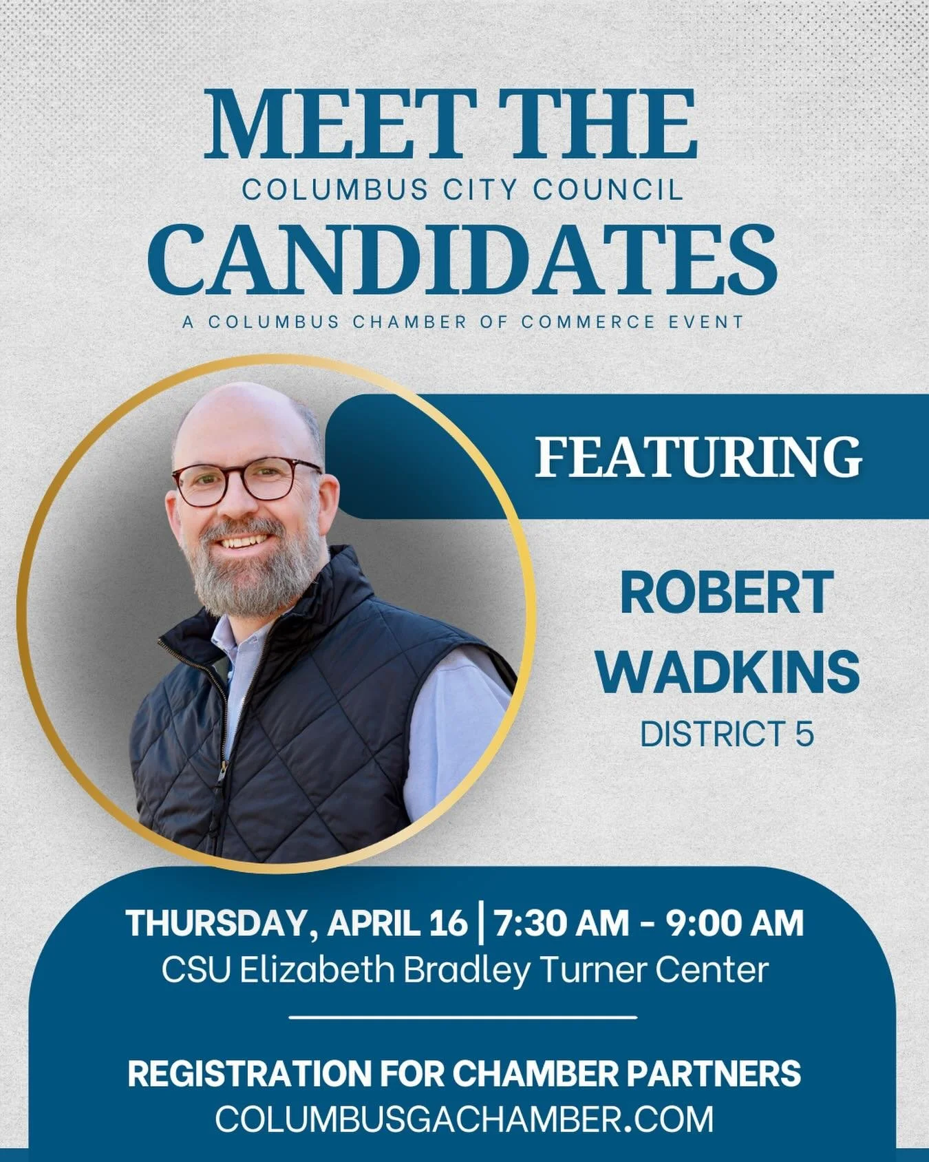 Let&rsquo;s connect this week! I&rsquo;ll be at the Meet the Candidates forum, hosted by @columbusga_chamber, on Thursday, April 16 from 7:30AM-9:00AM at the Elizabeth Bradley Turner Center at CSU. I&rsquo;d love to see you and talk with you about wh
