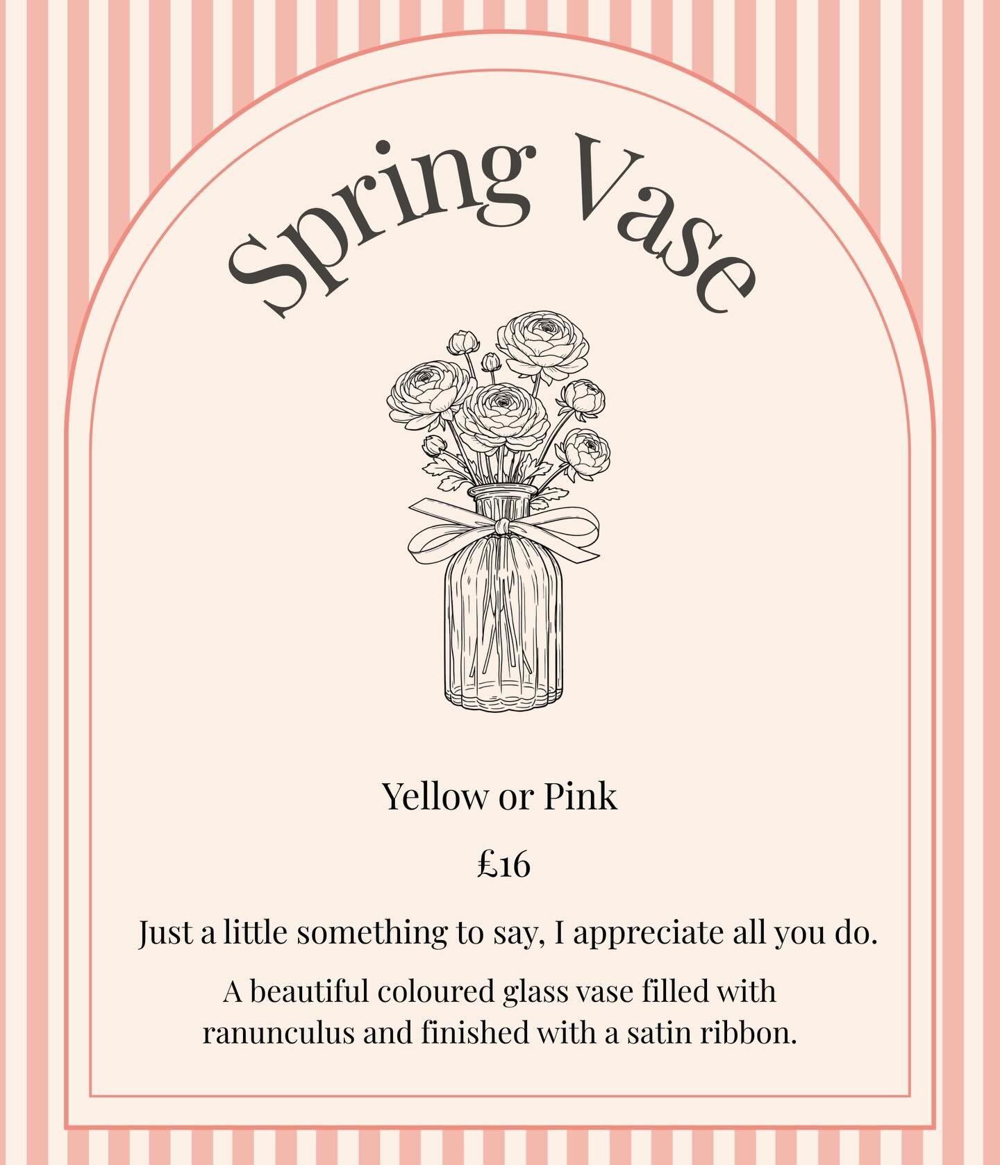 Mother&rsquo;s Day is just around the corner. Our petite,  elegant vases of ranunculus are just the perfect little thank you. Available in yellow 💛🌼 and pink 🩷🌸. Swipe for details on how to order.