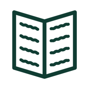 Icon of an open brochure with lines representing text.