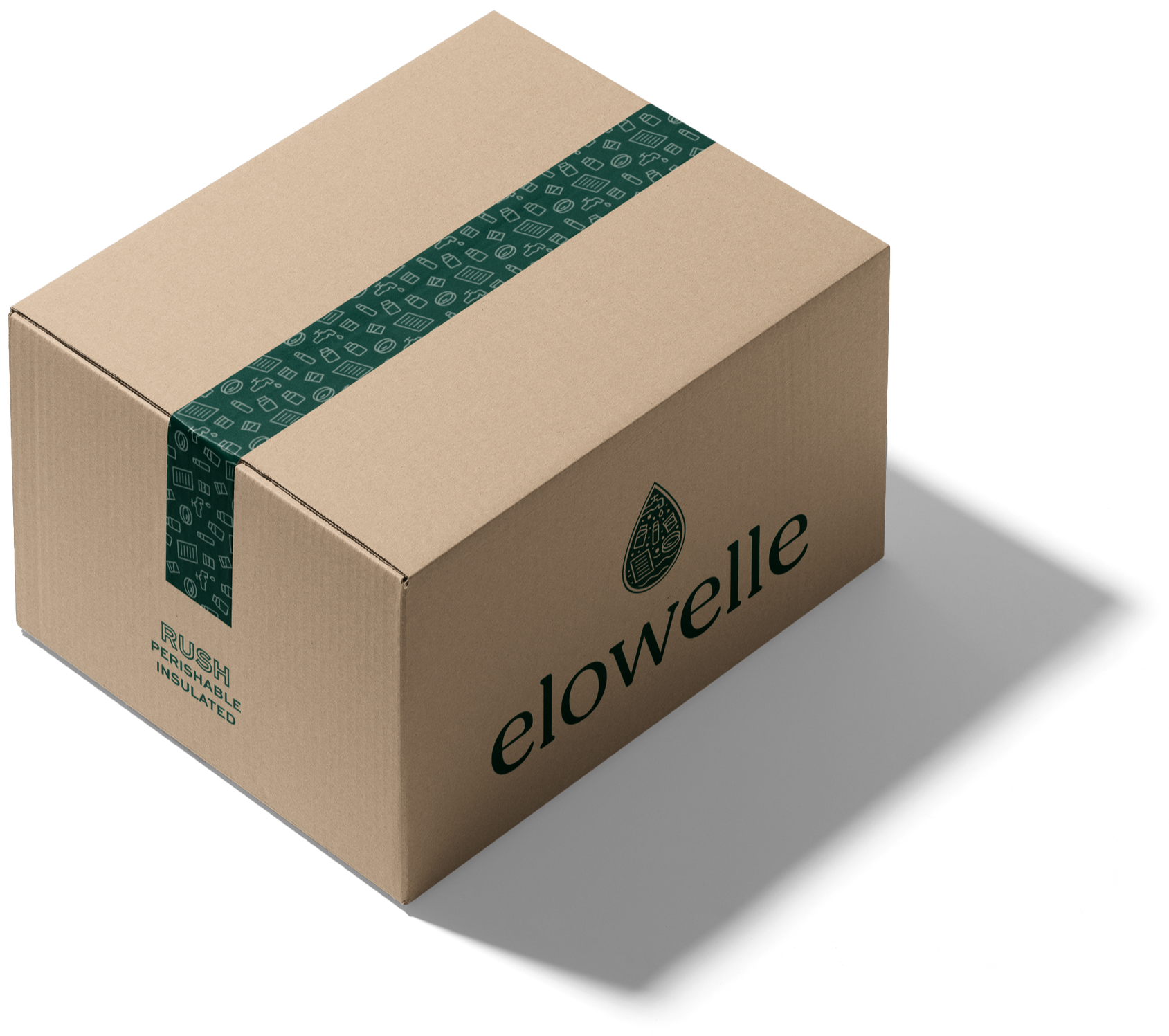 Brown cardboard box labeled 'elowelle' with a dark green design of a water droplet and the words 'Rush', 'Perishable', and 'Insulated' printed on it, sealed with green tape featuring a pattern of small icons.