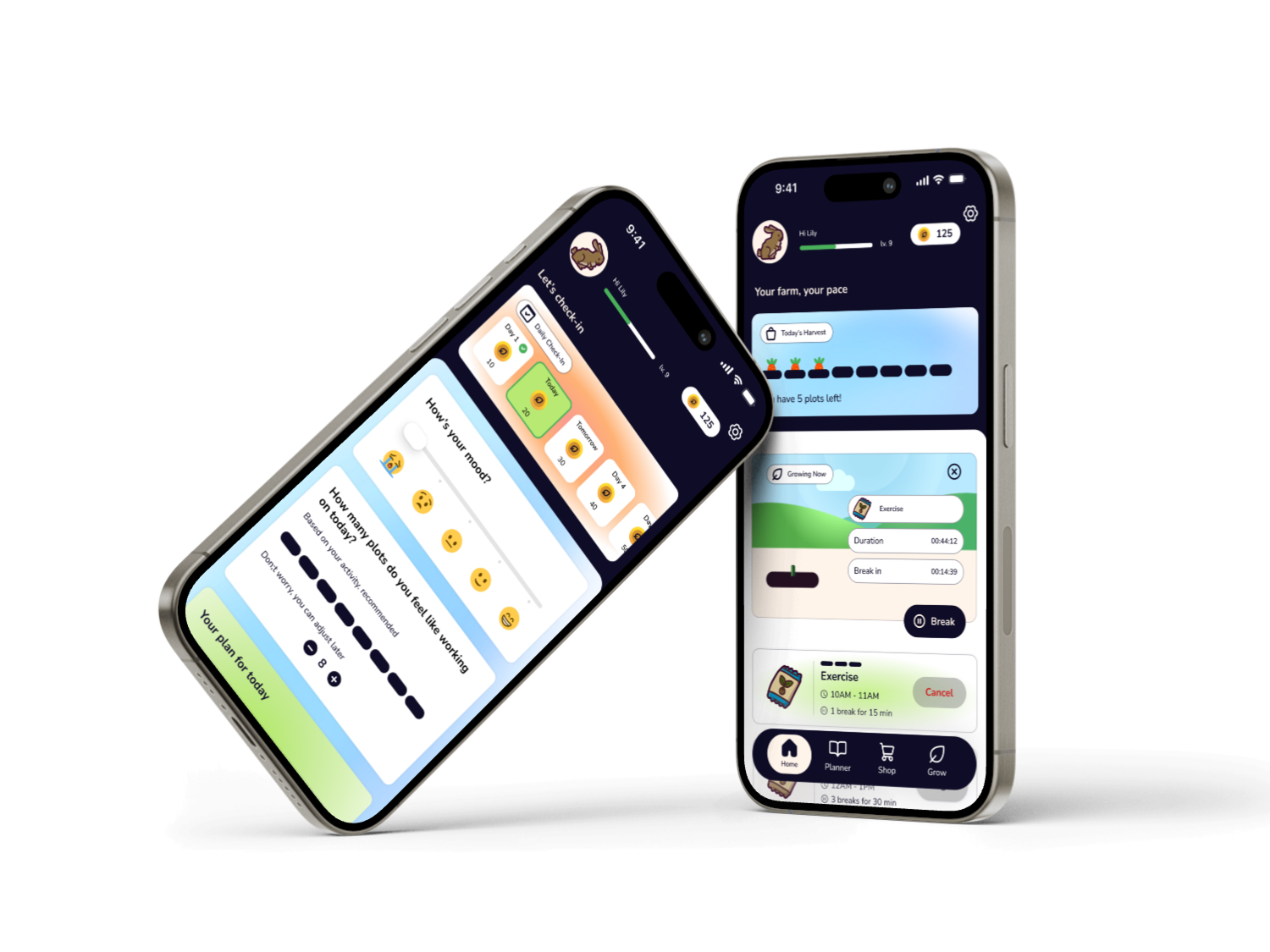 Mobile app mockups for Plenty gamified productivity