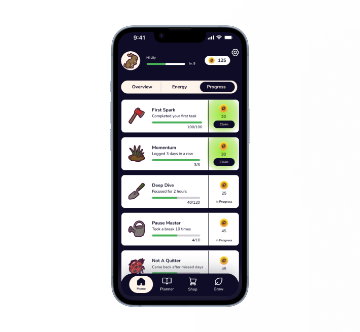 Achievement system UI design by Anastasiya Kim for Plenty app with gamification badges and progress tracking