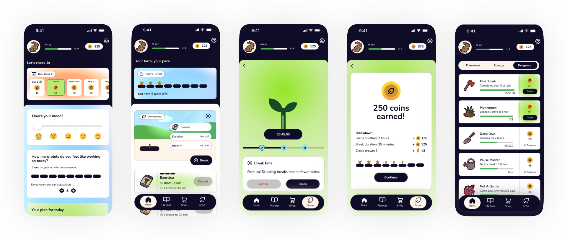 Anastasiya Kim UX design case study: Plenty app user flow from check-in to rewards for neurodivergent users