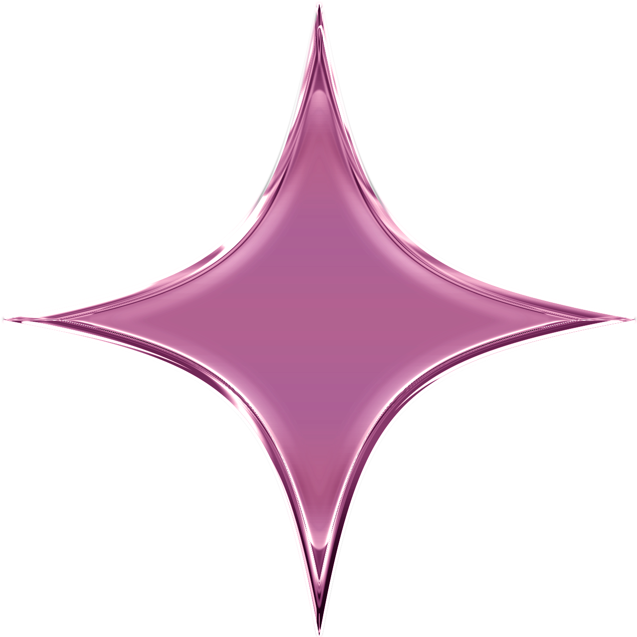 A pink, shiny, four-pointed star-shaped object with smooth, reflective surfaces.