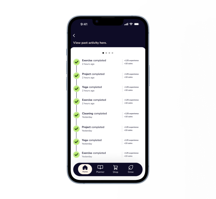 Task history interface designed by Anastasiya Kim for Plenty app showing completion timeline with rewards