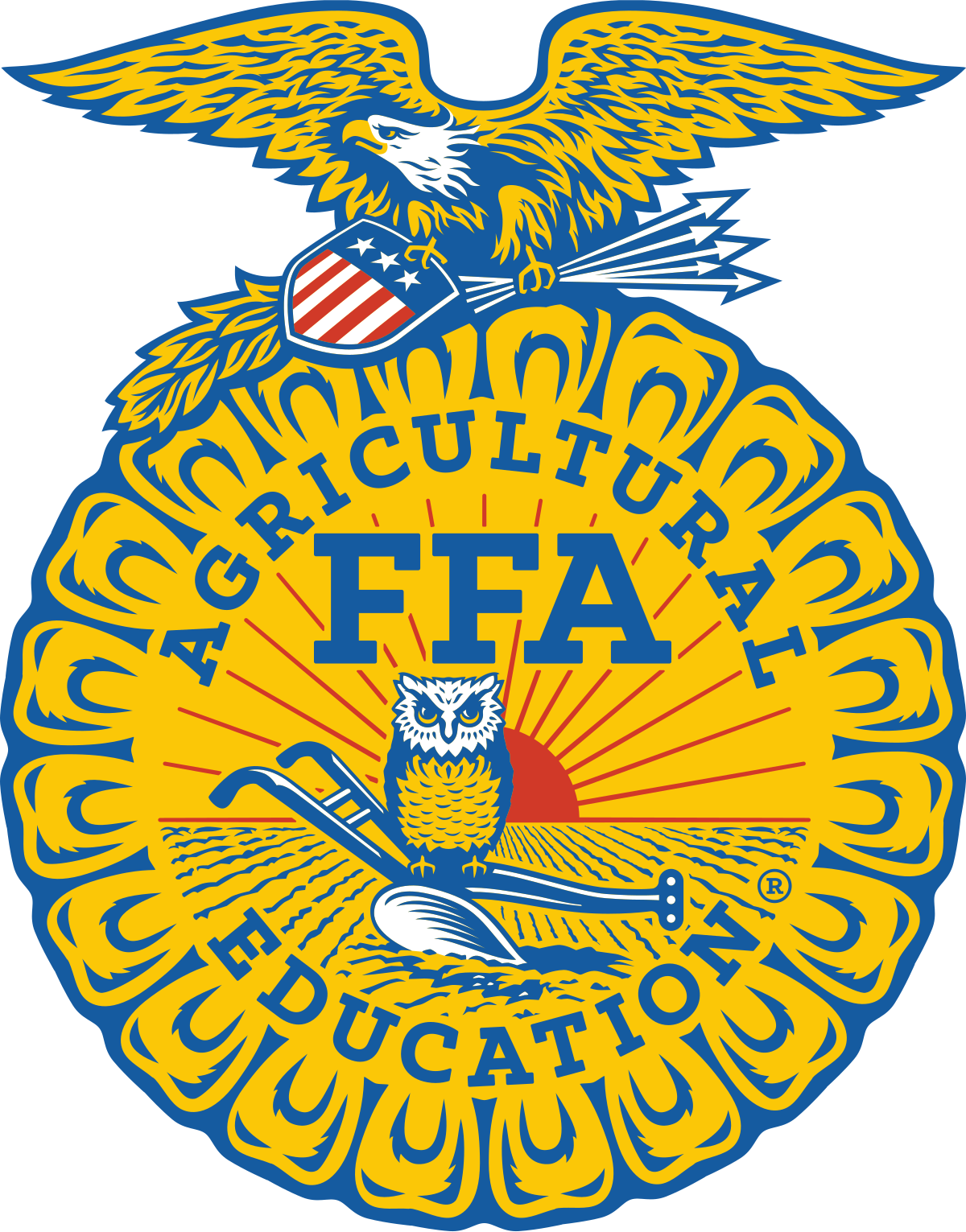 The emblem of the Agriculture Future of America (AFA), featuring an eagle, a shield, an owl, and a sunflower with a sunrise and fields background, and the words 'AFA AGRICULTURE FUTURE OF AMERICA EDUCATION' and 'FFA'.