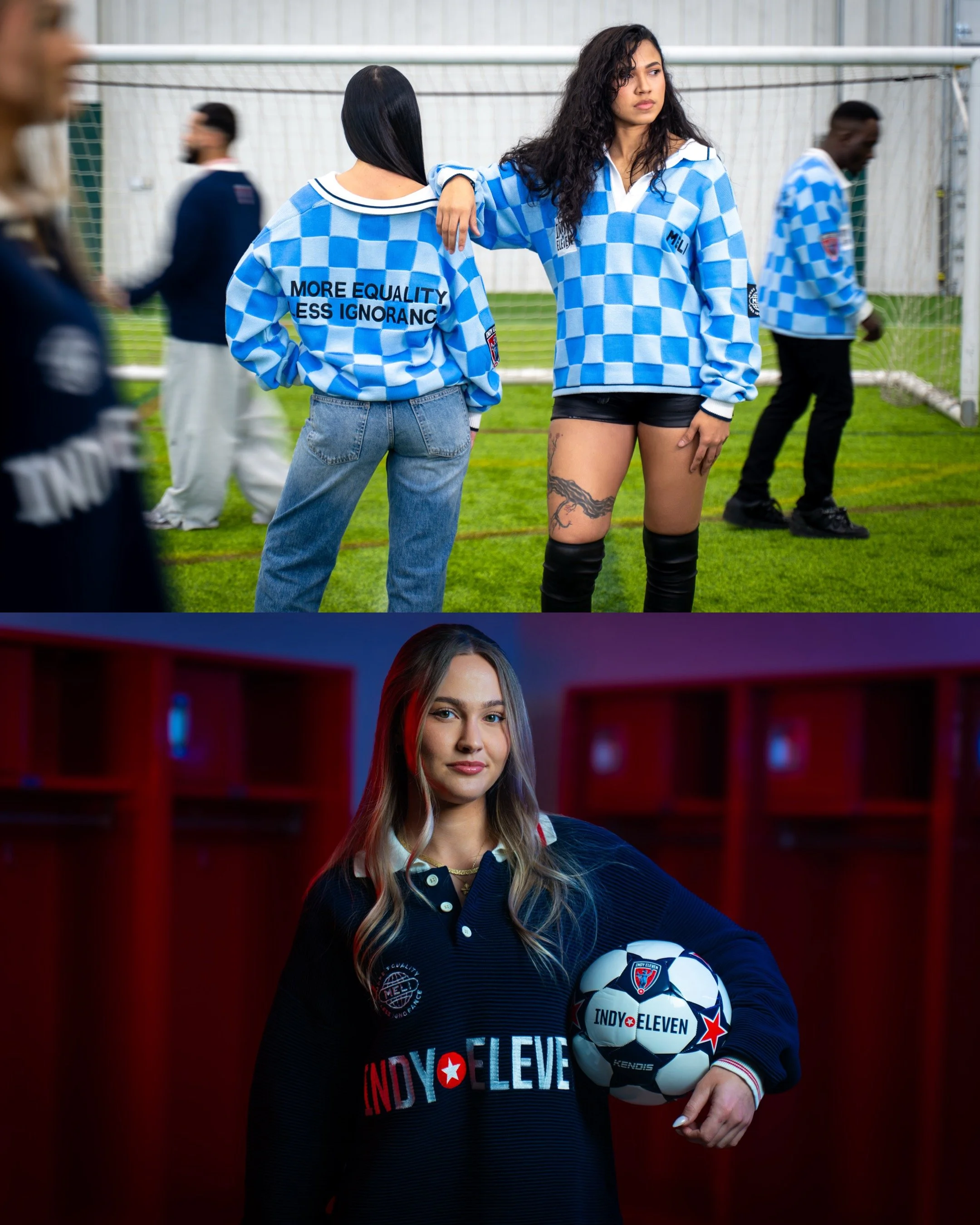 Group of young women in soccer team jerseys, one holding a soccer ball, in an indoor locker room and on a soccer field.
