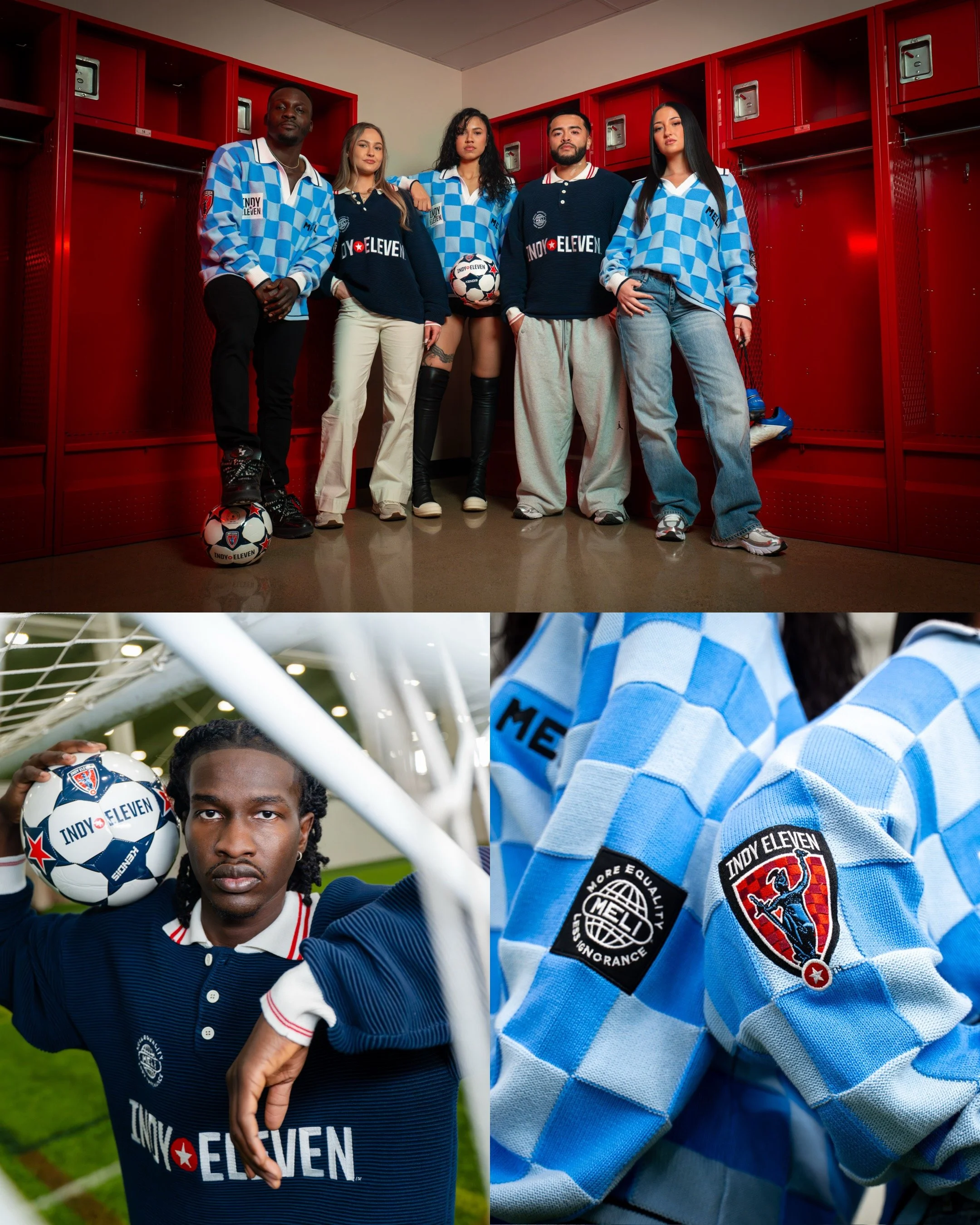 Group of five diverse people wearing Indy Eleven soccer team clothing in a locker room, with one holding a soccer ball. The second image shows a male soccer player holding a ball with a serious expression inside a stadium. The third image displays a close-up of team patches on a blue checkered shirt.