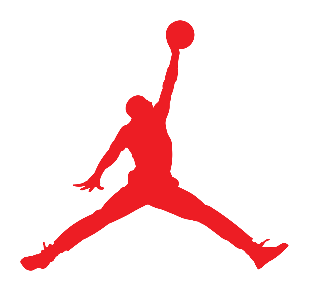 Red silhouette of a person playing basketball, jumping with one arm reaching upward to hold the ball.
