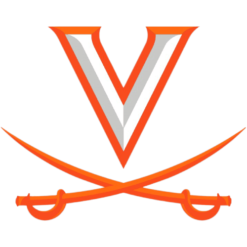 The image features the University of Virginia logo, consisting of a large orange letter 'V' with a white and gray outline, and two crossed swords underneath.
