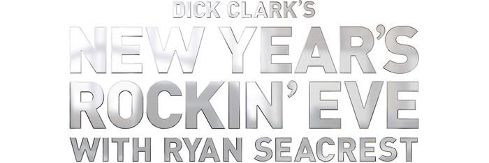 Promotional poster for a New Year's Rockin' Eve event hosted by Ryan Seacrest, with large metallic silver and white text.