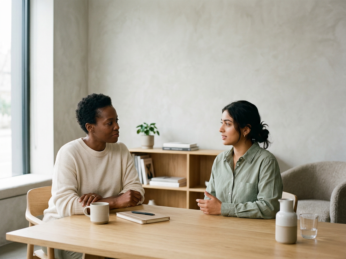 Deux femmes conversent assises à une table en bois dans une pièce lumineuse, avec une étagère en bois et une plante en arrière-plan; l'une porte un pull beige, l'autre une chemise verte.