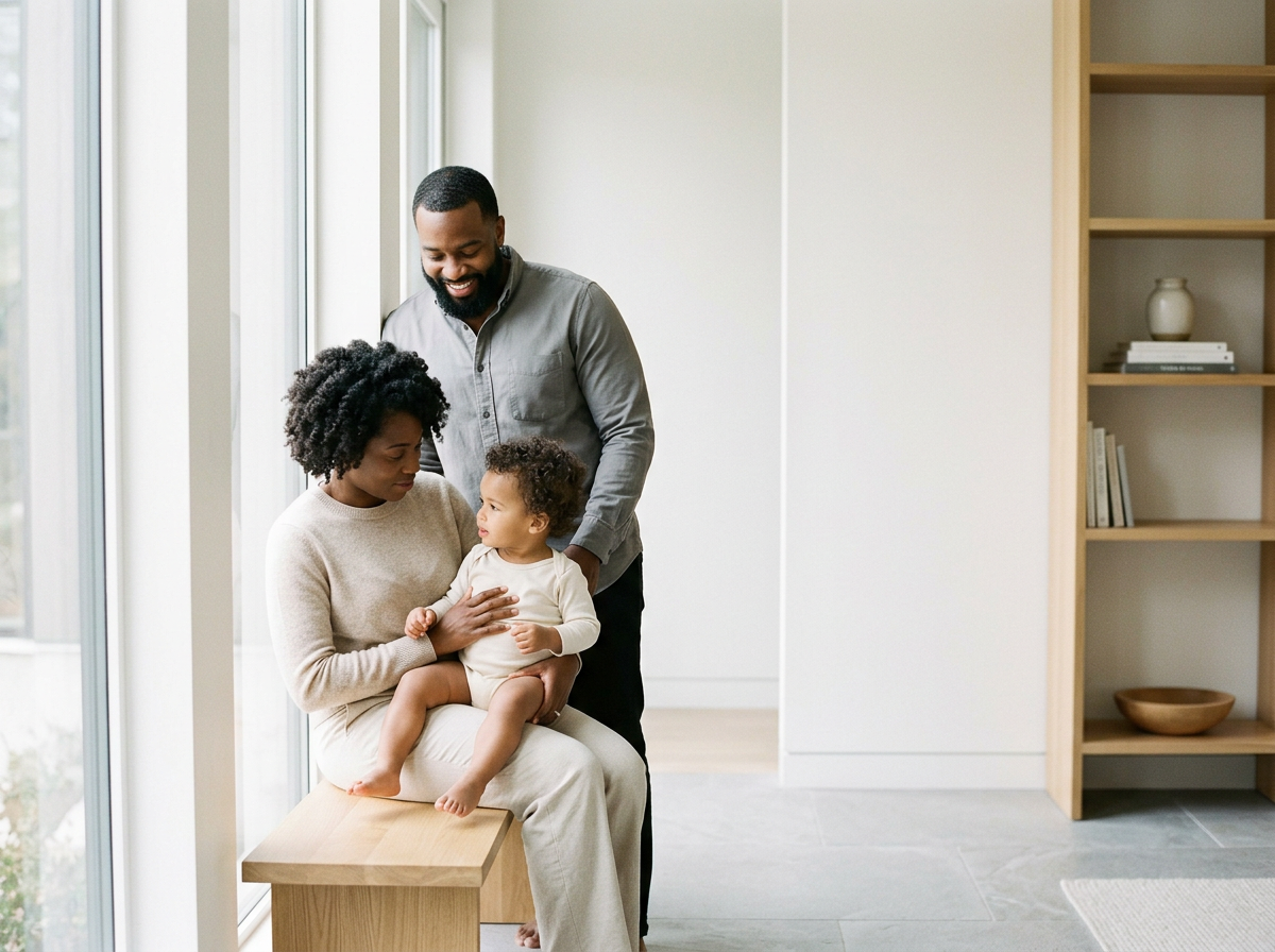 Une famille souriante avec deux adultes et un enfant petit, dans une pièce lumineuse près d'une grande fenêtre, avec une étagère en bois contenant des livres et des décorations.