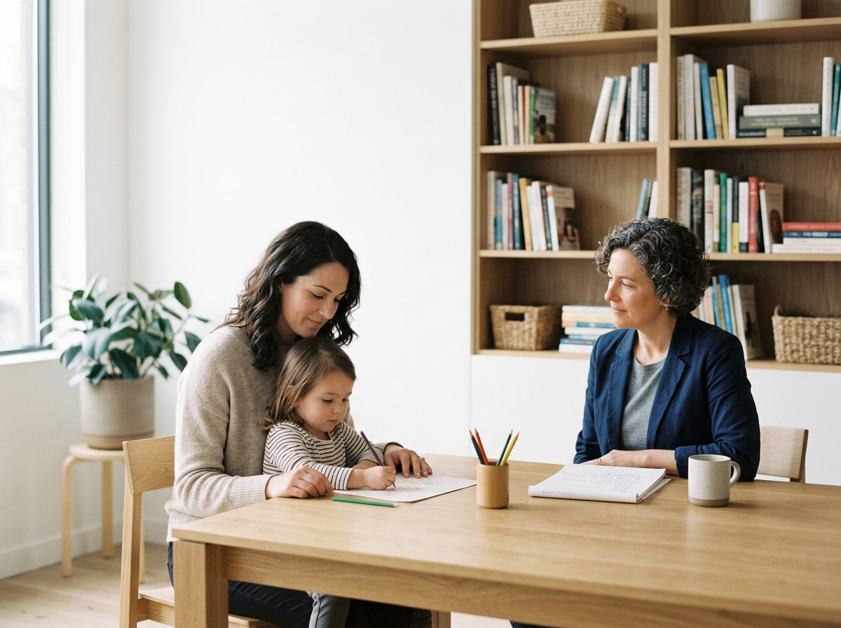 Une femme avec une jeune fille, probablement sa fille, en séance de dessin avec une femme assise en face. La scène se déroule dans une bibliothèque ou un bureau avec des étagères remplies de livres.