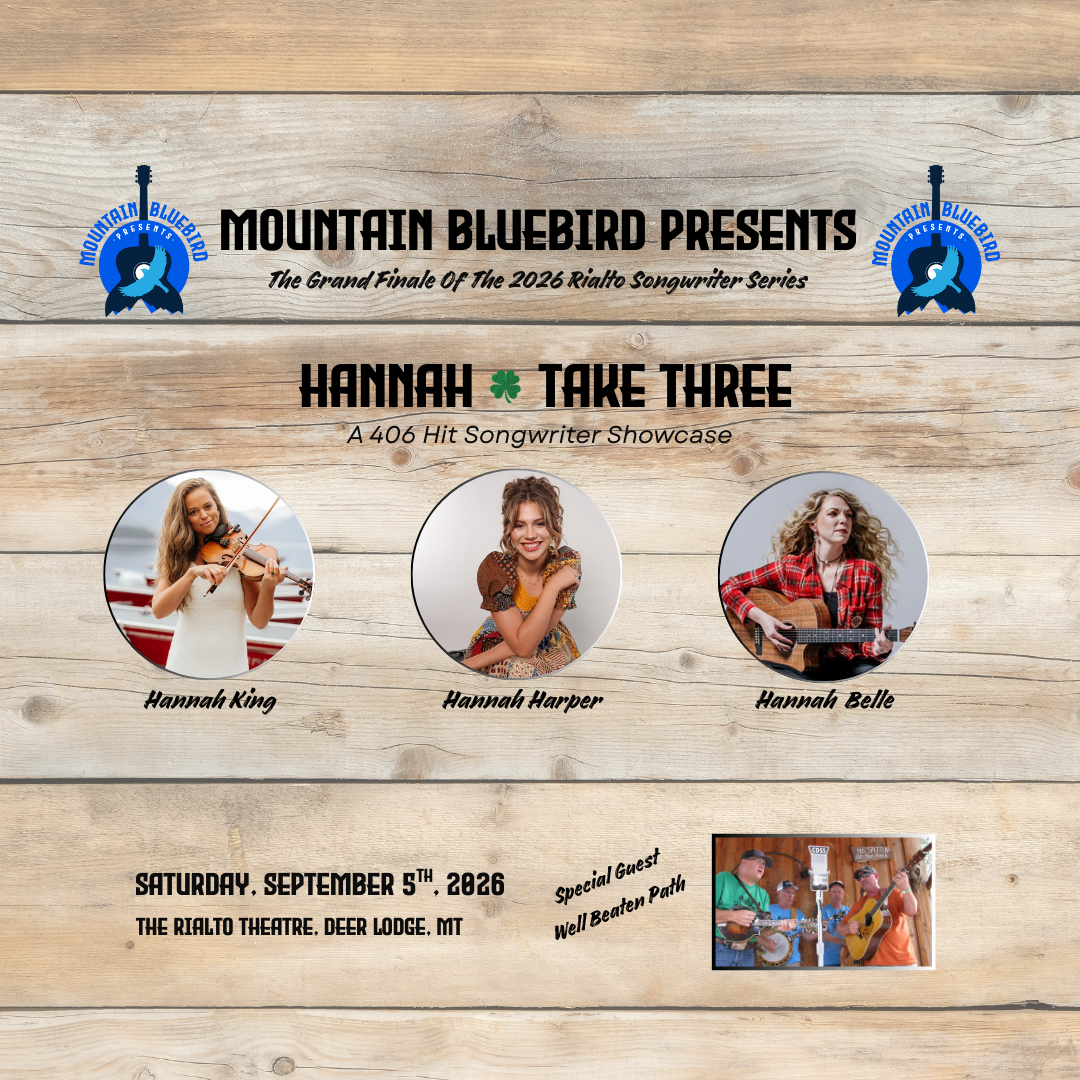 Collage of six images featuring a logo for Mountain Bluebird, a vintage theater marquee, a woman with blonde hair in a tuxedo jacket, a woman with a hat and patterned dress sitting on a bench, a woman playing guitar outdoors, and a woman leaning against a wall.