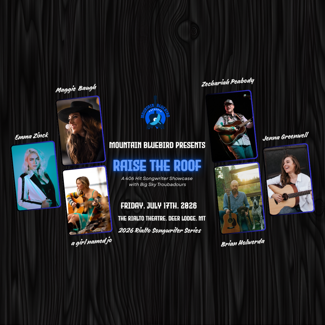 Promotional poster featuring a music event with photos of six musicians playing instruments or singing, including a violinist, a guitarist, a singer, and a band member, with event details for the '4046 Hit Songwriter Show with Big Sky Troubadours' and a logo in the center.