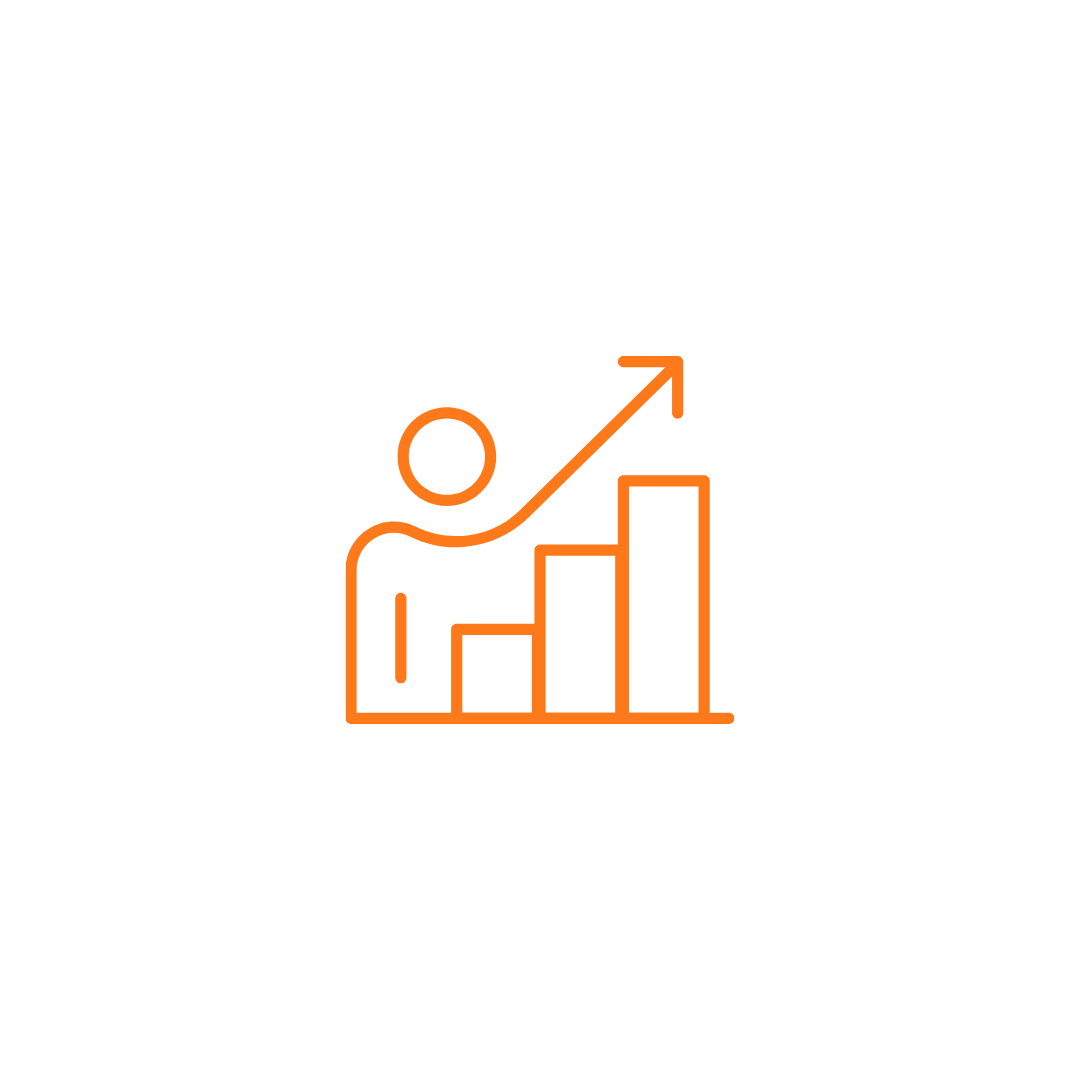 Orange outline icon of a person next to a bar chart with an upward arrow, symbolizing growth or progress.