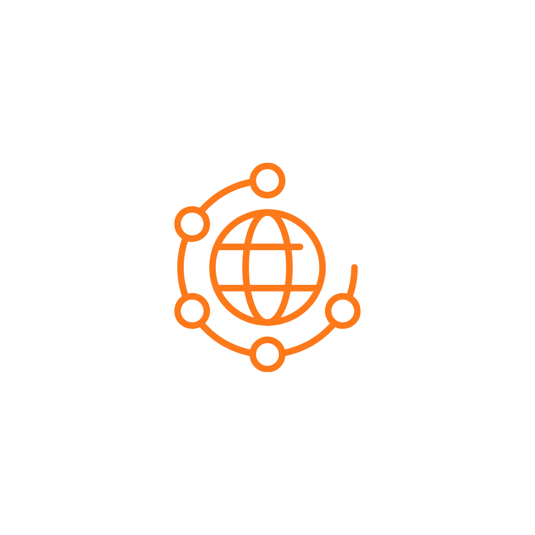 Orange digital icon of a globe surrounded by orbiting points on a black background.