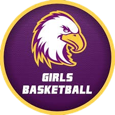Logo of girls' basketball team featuring a white eagle with a yellow beak on a purple background with gold border and the text 'Girls Basketball'