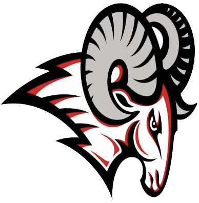 Stylized illustration of a goat with large curled horns, white face, and red and black accents on a black background.