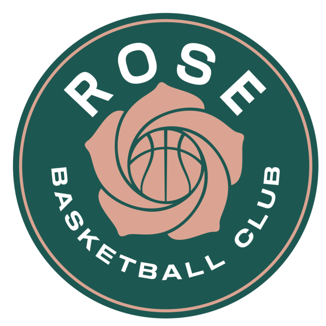 A circular logo with a dark green background and a tan border. The logo features a stylized tan-colored basketball with a pink rose overlay. The text "ROSE BASKETBALL CLUB" is written in white uppercase letters around the edge of the circle.