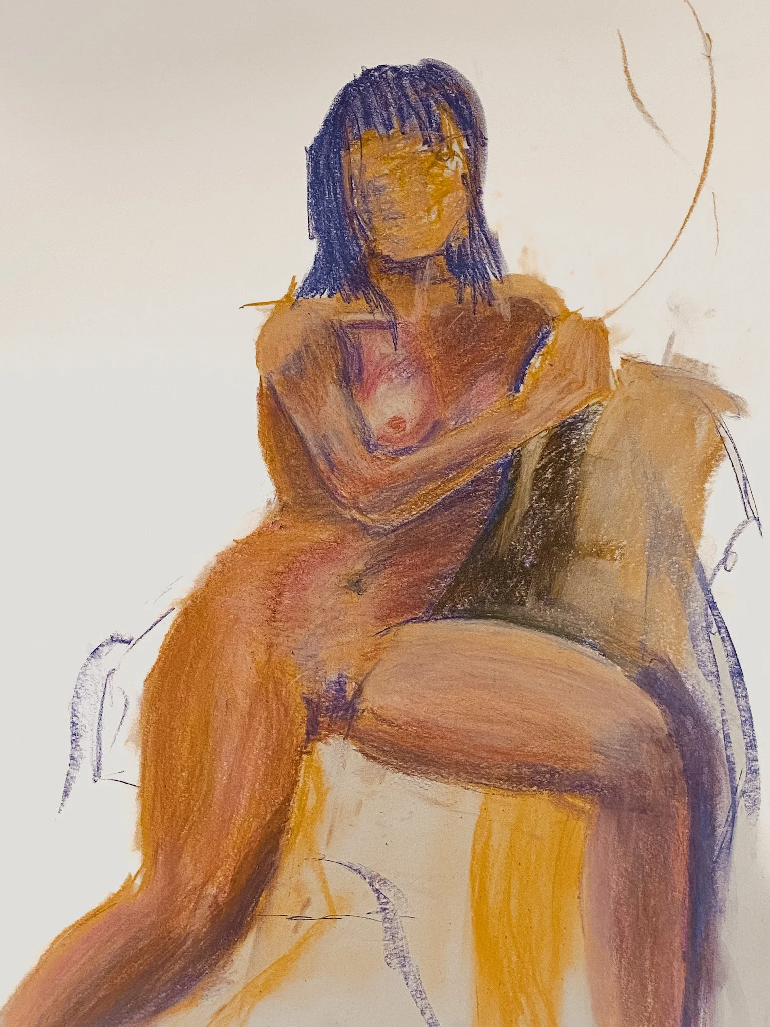  Allissa Sanchez  
 "Women in Chair"  
Life Drawing, Fall 2024 
Color Chalk on Paper, 18 x 24  
 Description:  "Women in Chair" is a faceless figure that serves as an homage to the past. Throughout history, art has consistently reflected what was con