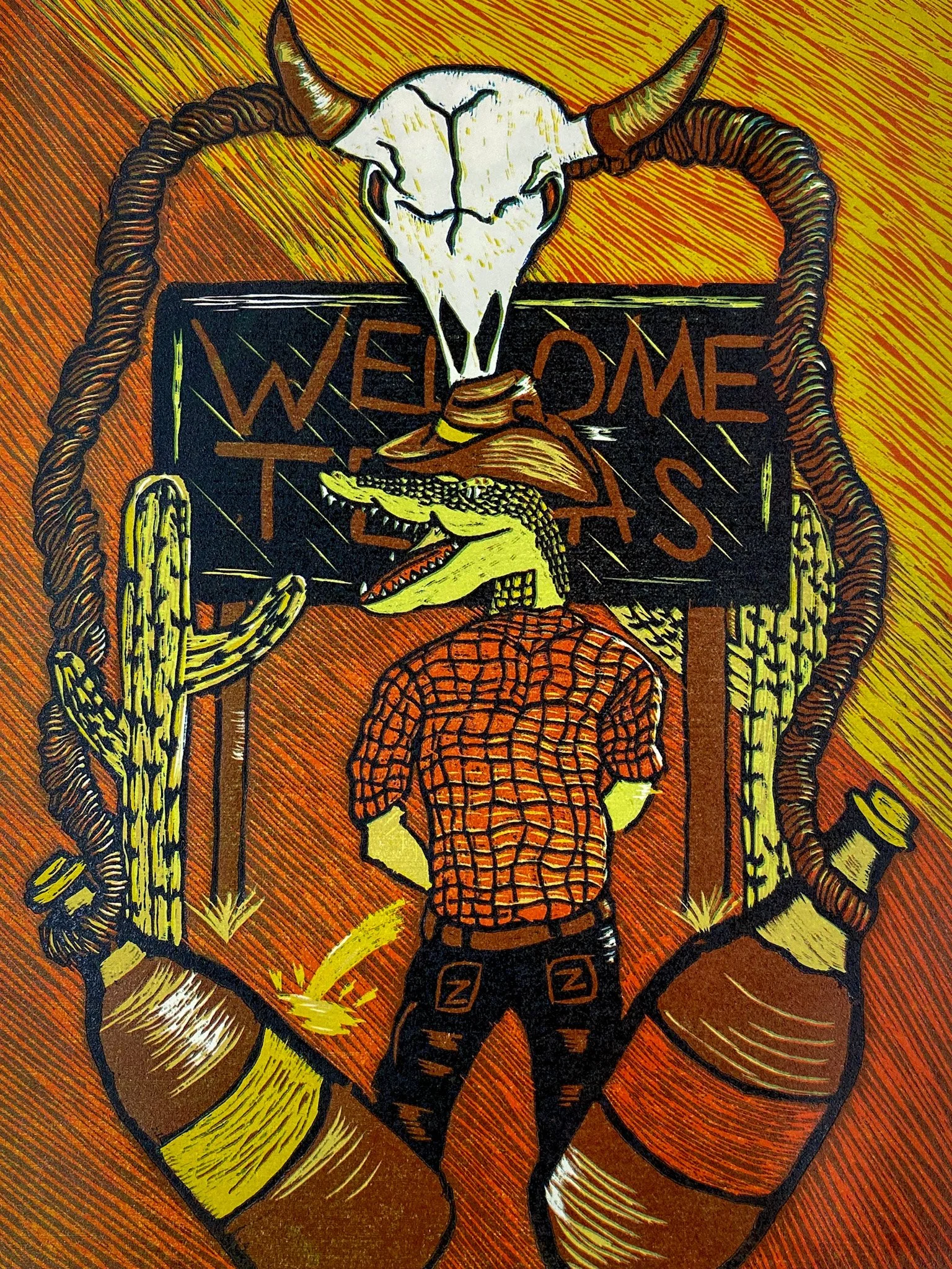  Allissa Sanchez  
 "Crocodile Cowboy"  
Printmaking 1, Spring 2023 
Woodblock, 11 x 14  
 Description:  "Crocodile Cowboy" blends bold graphic illustration with surreal symbolism. The anthropomorphic crocodile dressed in Western attire stands as a f