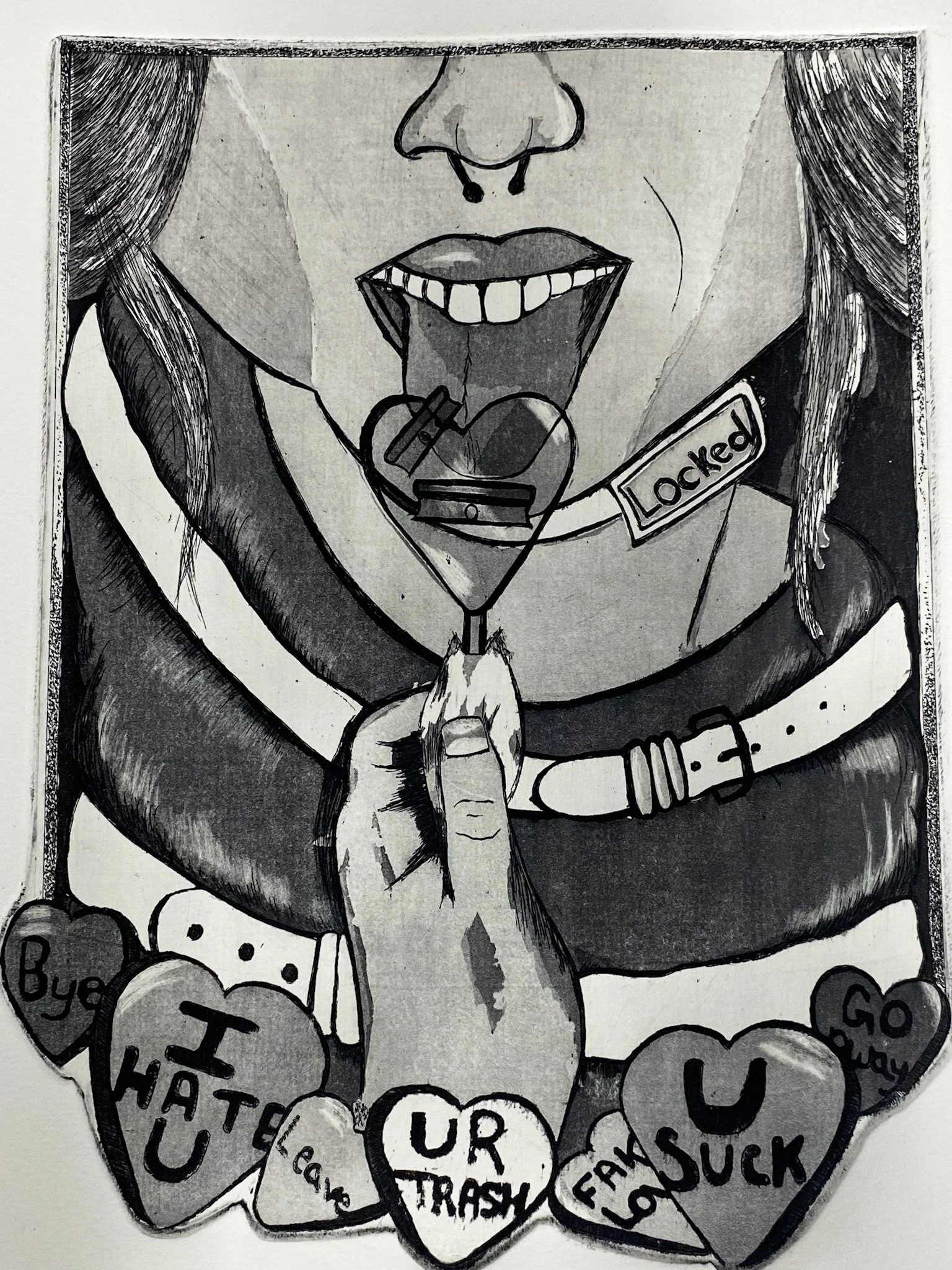 Allissa Sanchez  
 "Locked Lollipop"  
Printmaking 1, Spring 2023 
Copper plate etching, 9 x 7  
 Description:  "Locked Lollipop," rendered in stark monochrome, this emotionally charged print uses candy imagery to explore themes of rejection and emo