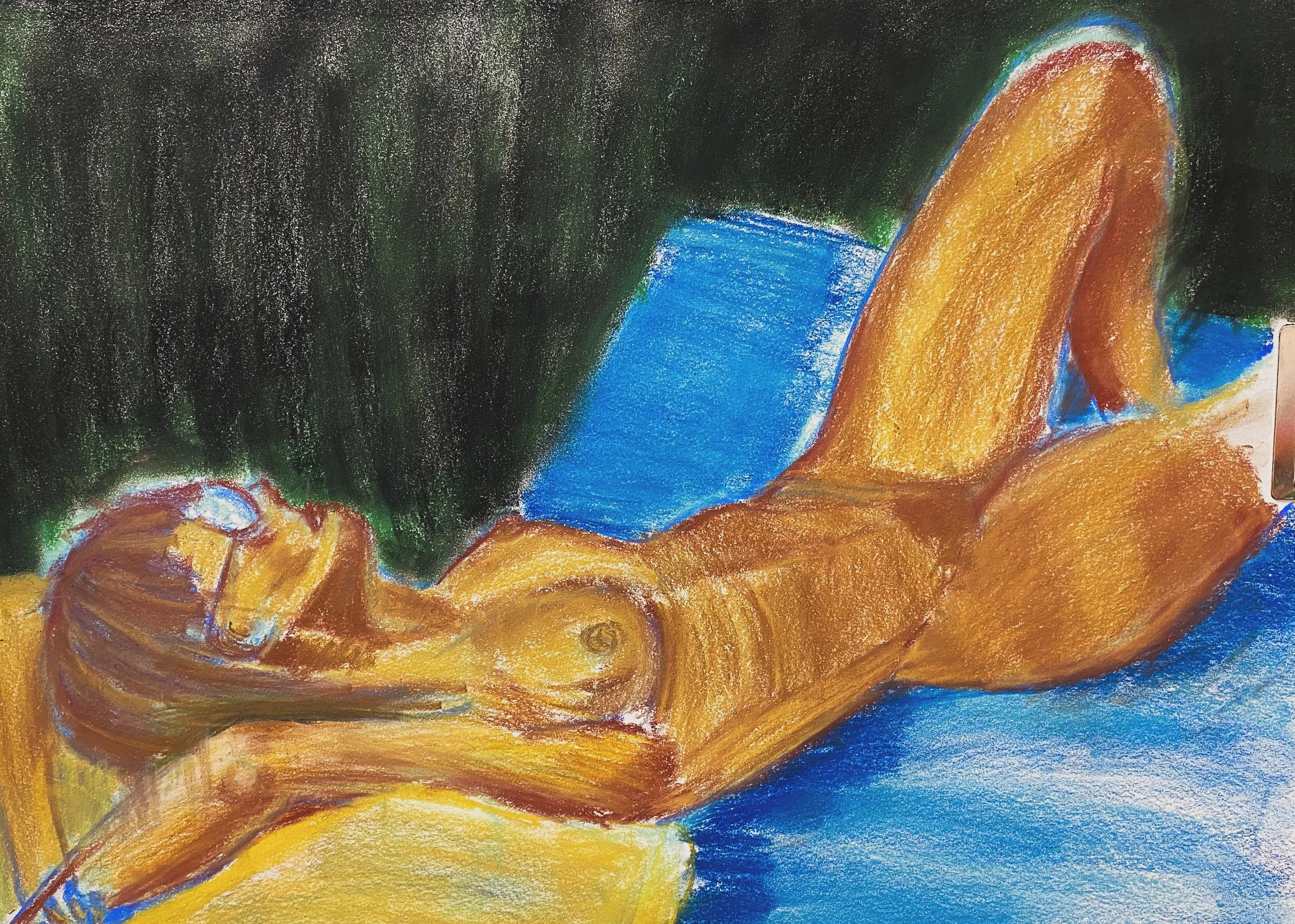  Allissa Sanchez  
 "Pondering"  
Life Drawing, Fall 2024 
Color Chalk on Paper, 18 x 24  
 Description:  "Pondering" is a fully rendered drawing that represents the human condition in its most vulnerable state. The figure is stripped of distraction,