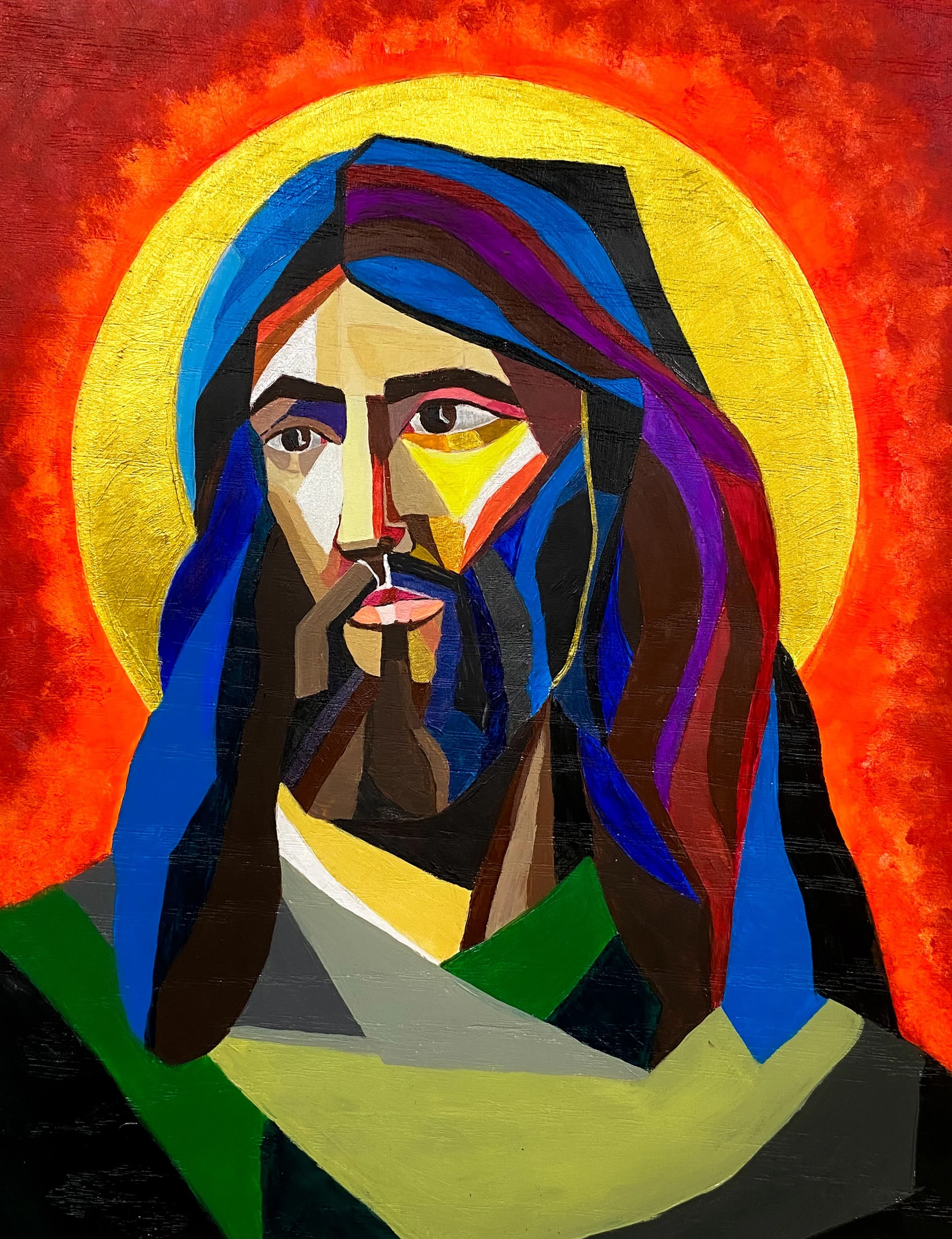 "Radiant Icon" reimagines a sacred figure through bold geometric shapes and radiant color. The halo and flowing hair, rendered in blues and golds, contrast with the red background to create a sense of spiritual warmth and reverence. The abstract appr