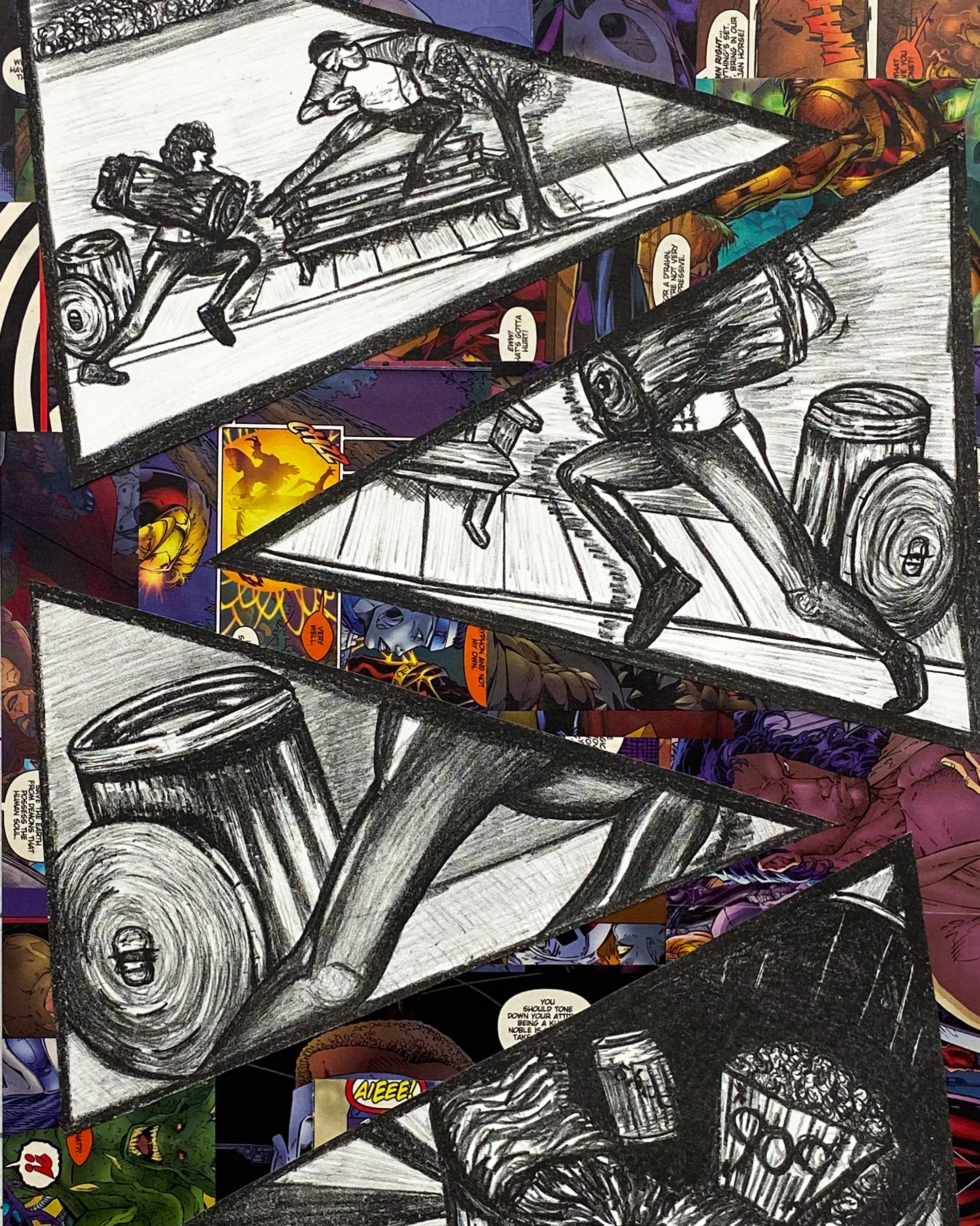  Allissa Sanchez  
 "Main Character Energy"  
Advance Print, Spring 2025 
Lithograph on Comic Collage, 11 x 14  
 Description:  This lithograph explores the concept of overlooked characters stepping into the spotlight. The composition features dynami